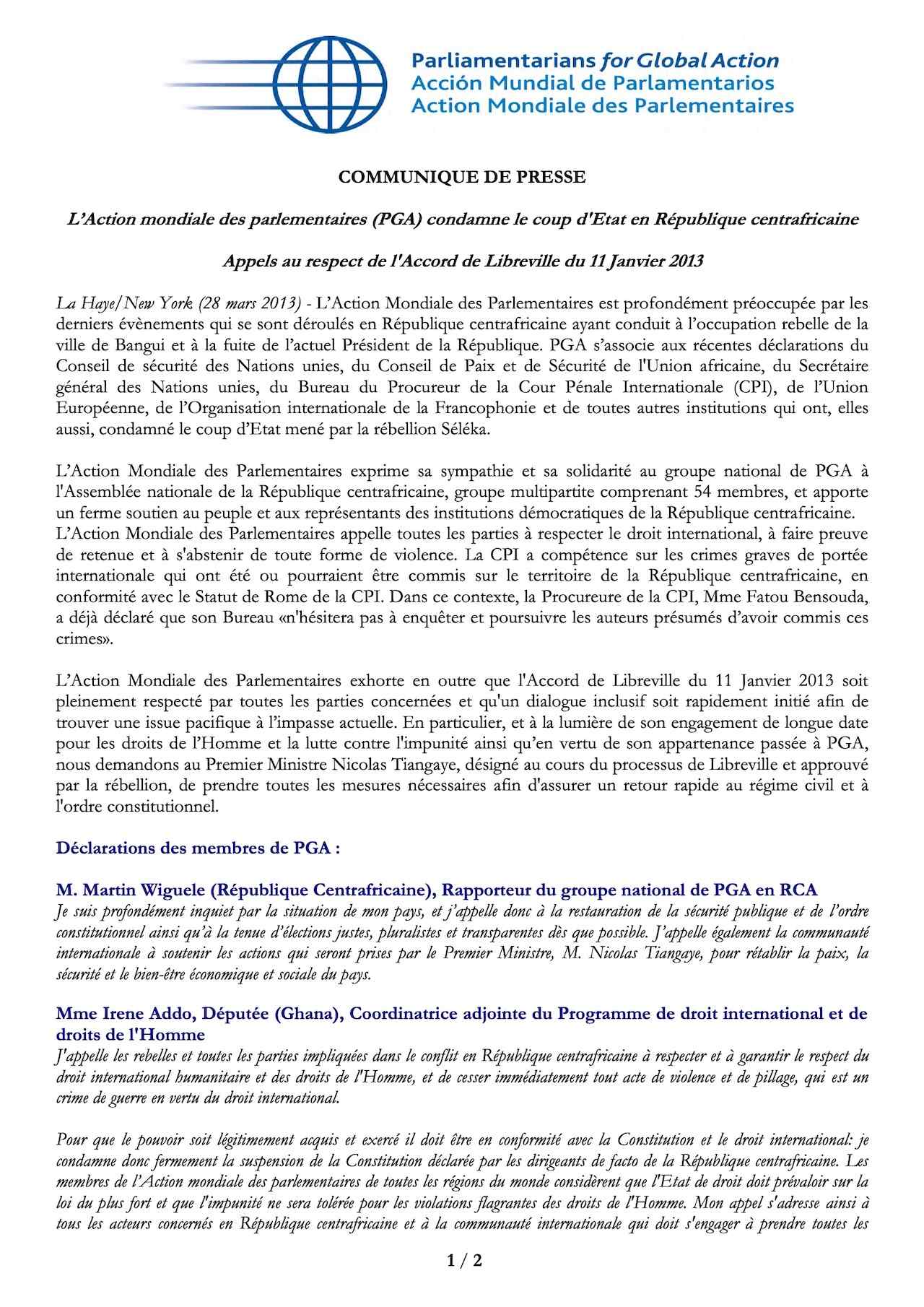 L’Action mondiale des parlementaires (PGA) condamne le coup d'Etat en République centrafricaine