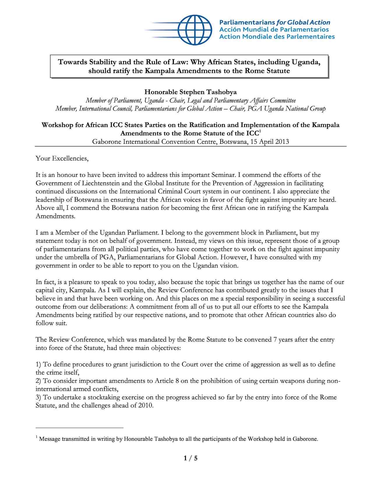 Towards Stability and the Rule of Law: Why African States, including Uganda, should ratify the Kampala Amendments to the Rome Statute