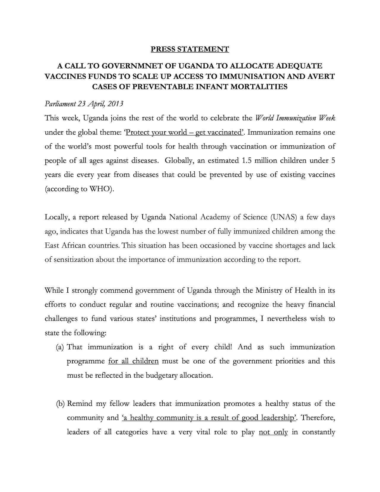 Hon. Huda Oleru, MP: A Call To Governmnet Of Uganda To Allocate Adequate Vaccines Funds To Scale Up Access To Immunisation And Avert Cases Of Preventable Infant Mortalities