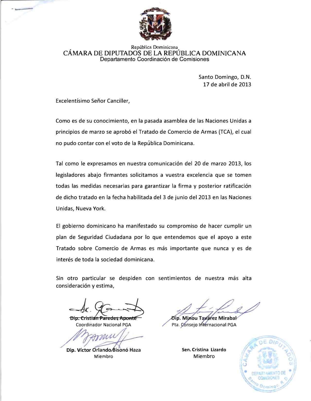 PGA Dominica Group Urges FM to Sign Arms Trade Treaty