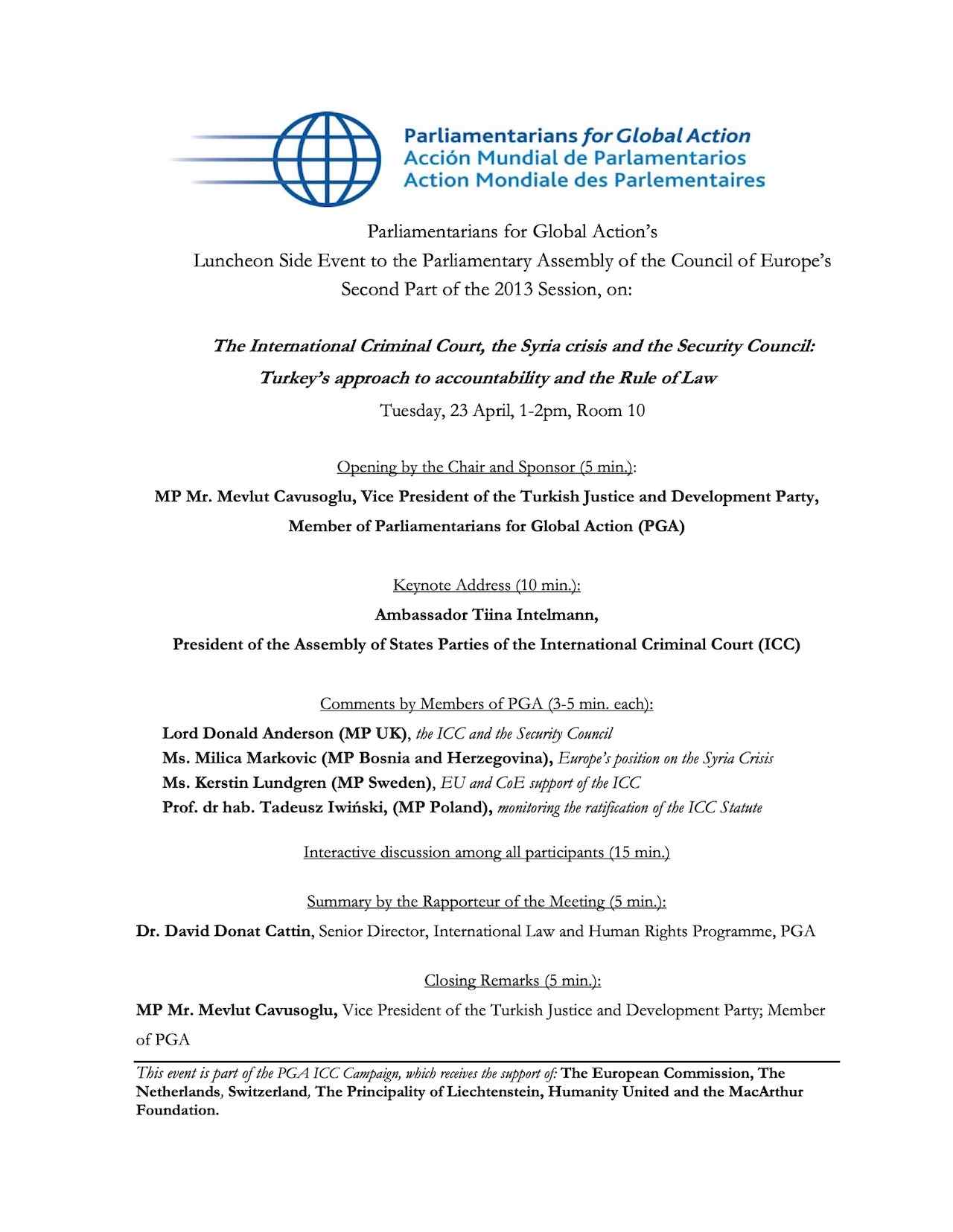 Agenda: Side Event to PACE 2013 session: The ICC, Syria crisis and the Security Council