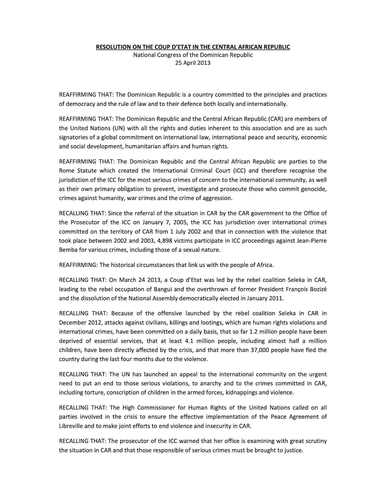 Resolution On The Coup D’etat in the Central African Republic