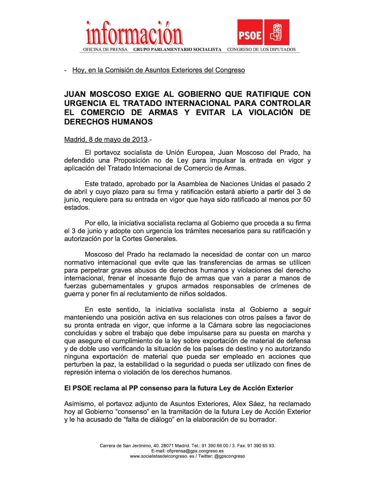 Juan Moscoso Exige Al Gobierno Que Ratifique Con Urgencia El Tratado Internacional Para Controlar El Comercio De Armas Y Evitar La Violación De Derechos Humanos