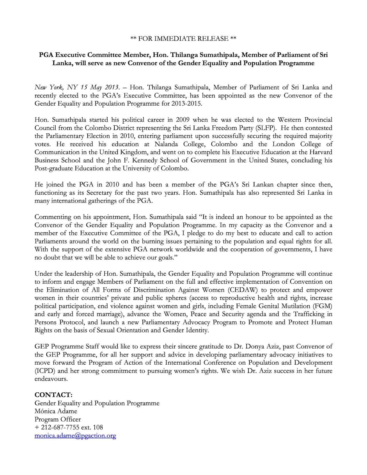 Hon. Thilanga Sumathipala, Member of Parliament of Sri Lanka, will serve as new Convenor of the Gender Equality and Population Programme