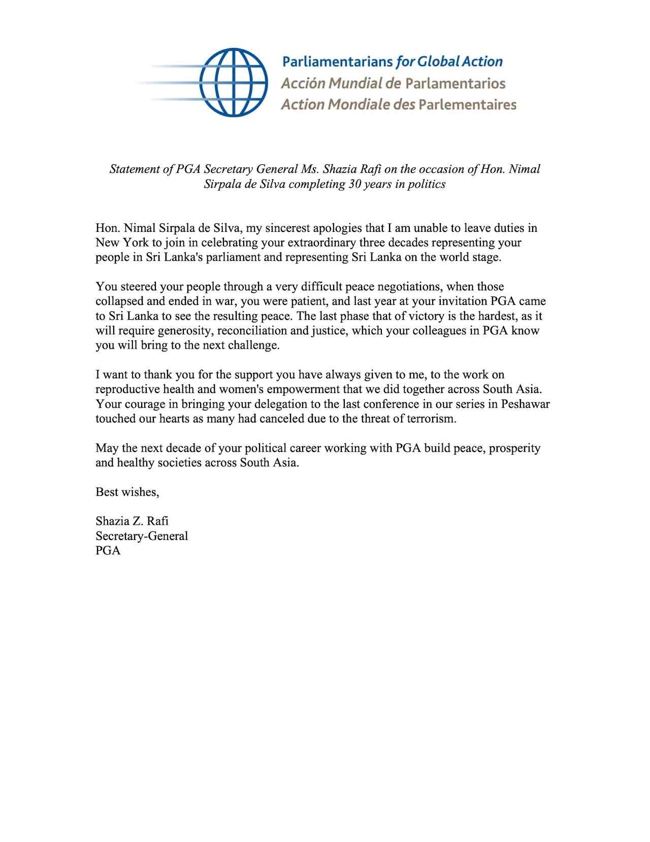 Statement of PGA Secretary General Ms. Shazia Rafi on the occasion of Hon. Nimal Sirpala de Silva completing 30 years in politics