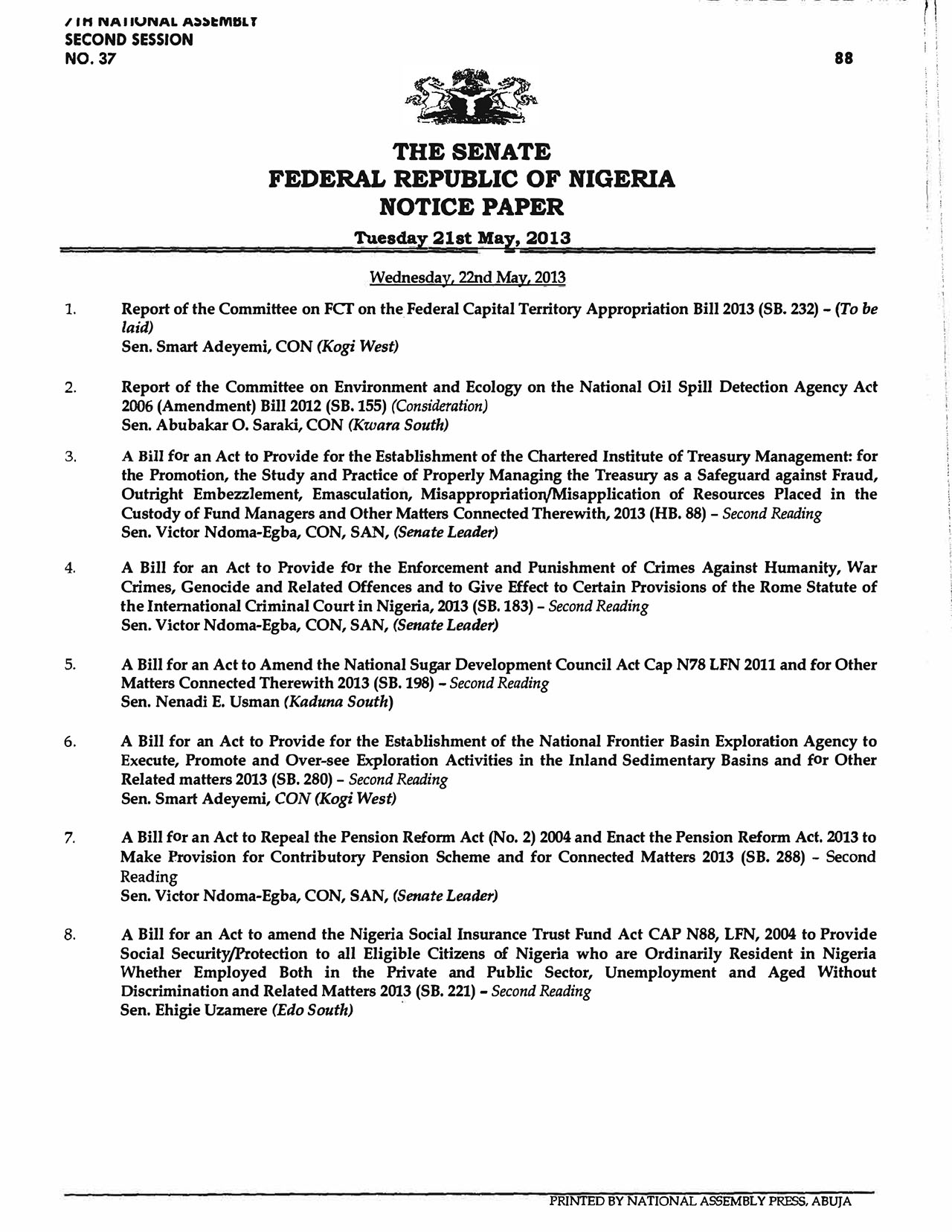 Nigeria Senate Notice 37 (May 2013)
