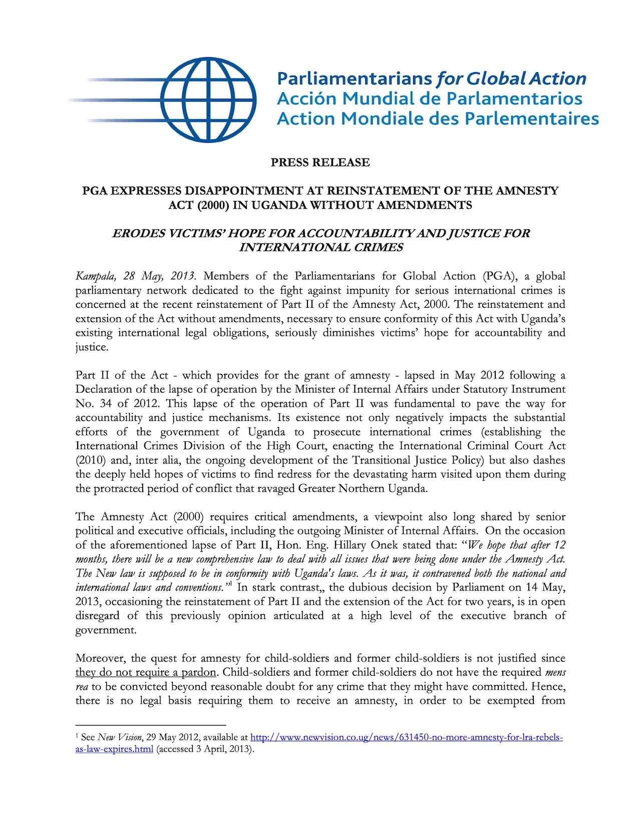 PGA Expresses Disappointment at Reinstatement of the Amnesty Act (2000) in Uganda Without Amendments
