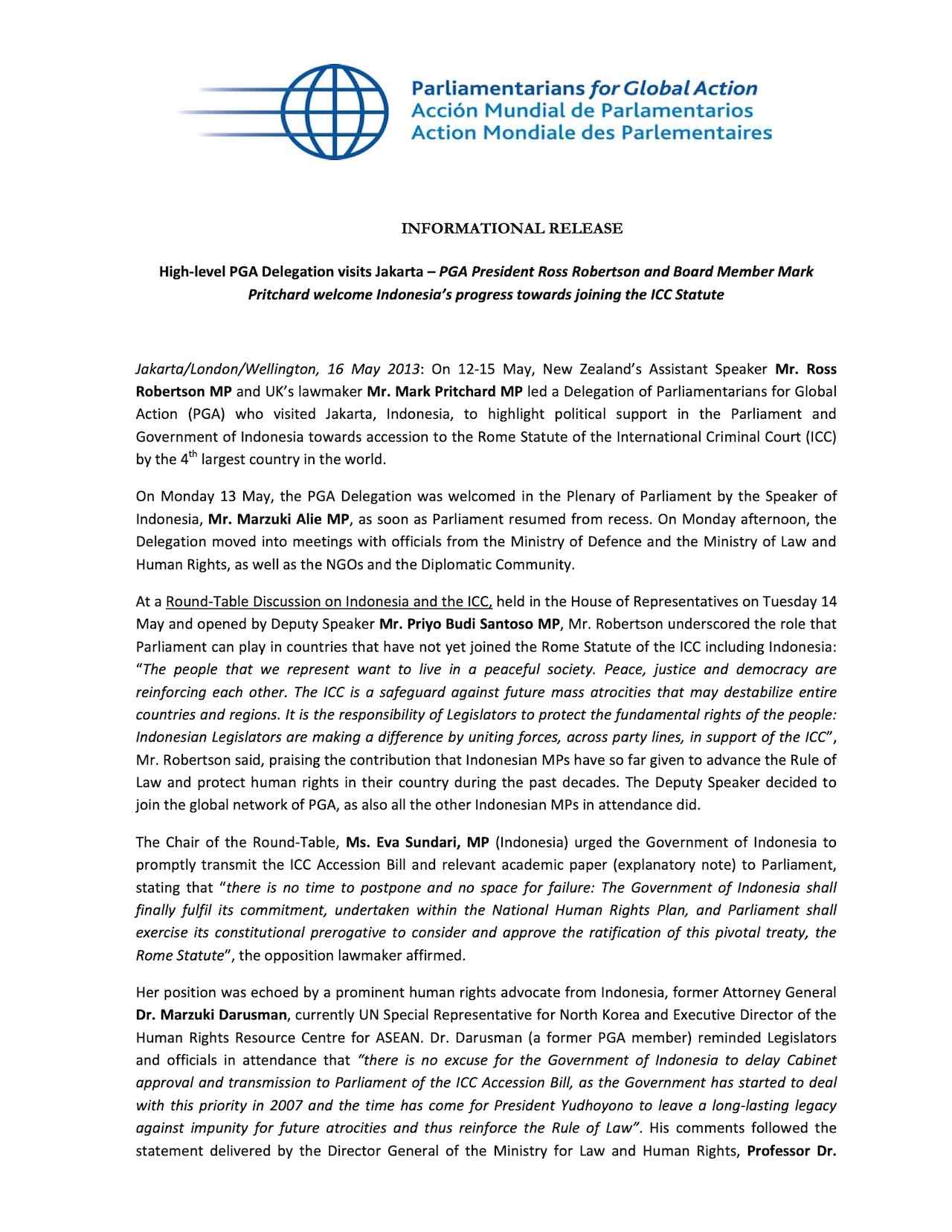 High‐level PGA Delegation visits Jakarta – PGA President Ross Robertson and Board Member Mark Pritchard welcome Indonesia’s progress towards joining the ICC Statute