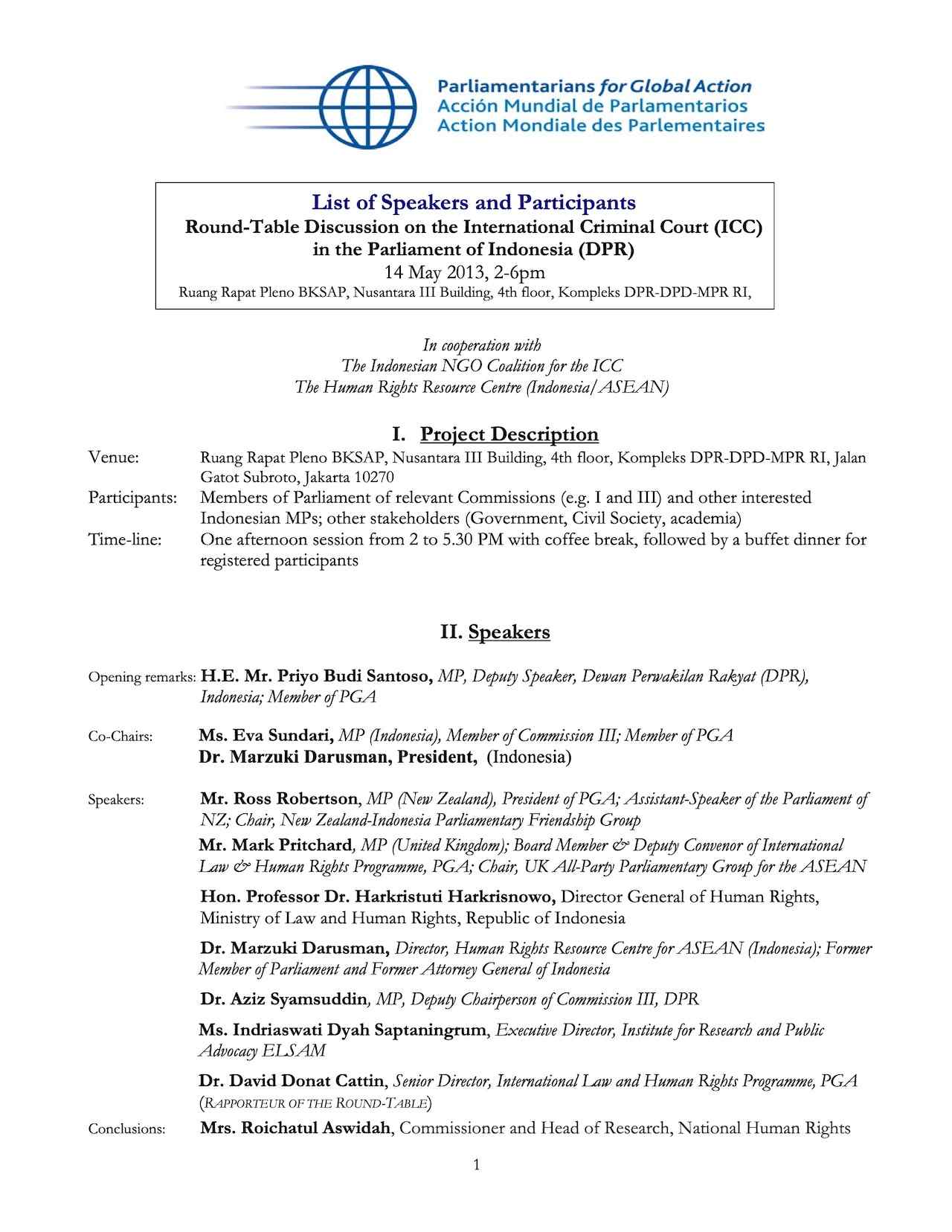 List of Speakers and Participants: Round-Table Discussion on ICC at Indonesia Parliament