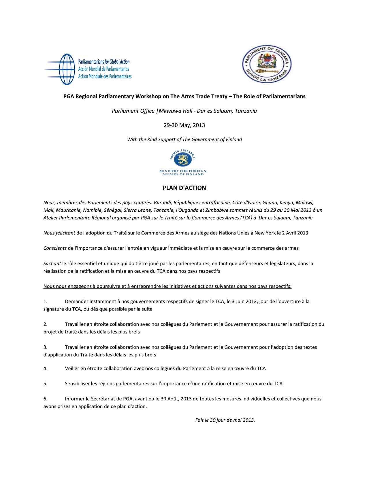 Plan d'Action: PGA Regional Parliamentary Workshop on The Arms Trade Treaty – The Role of Parliamentarians