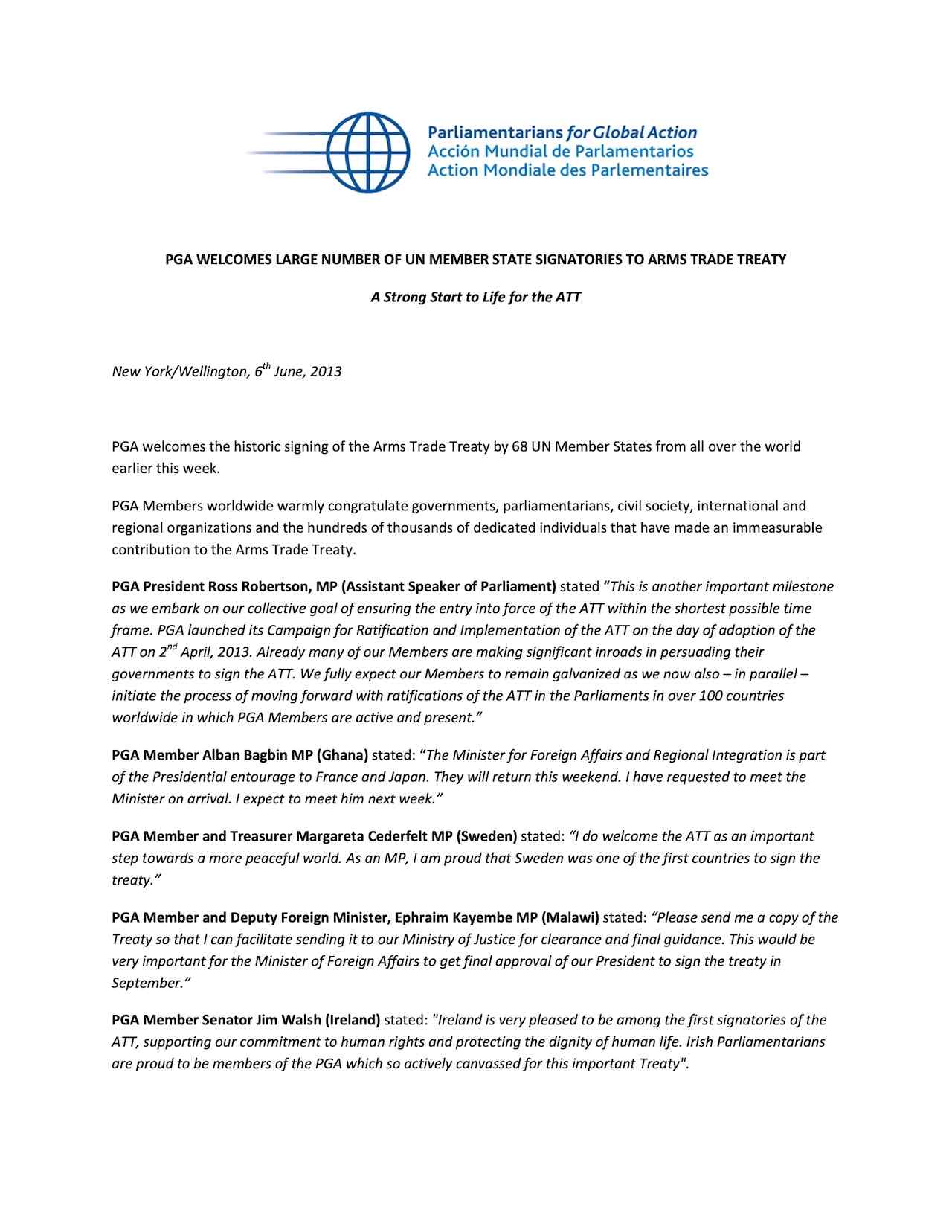 PGA Welcomes Large Number of UN Member State Signatories to Arms Trade Treaty