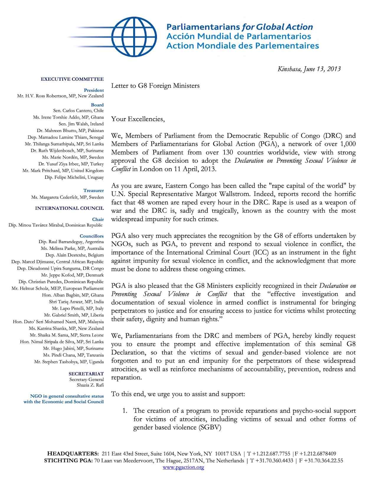 Letter to G8 Foreign Ministers re: Declaration on Preventing Sexual Violence in Conflict