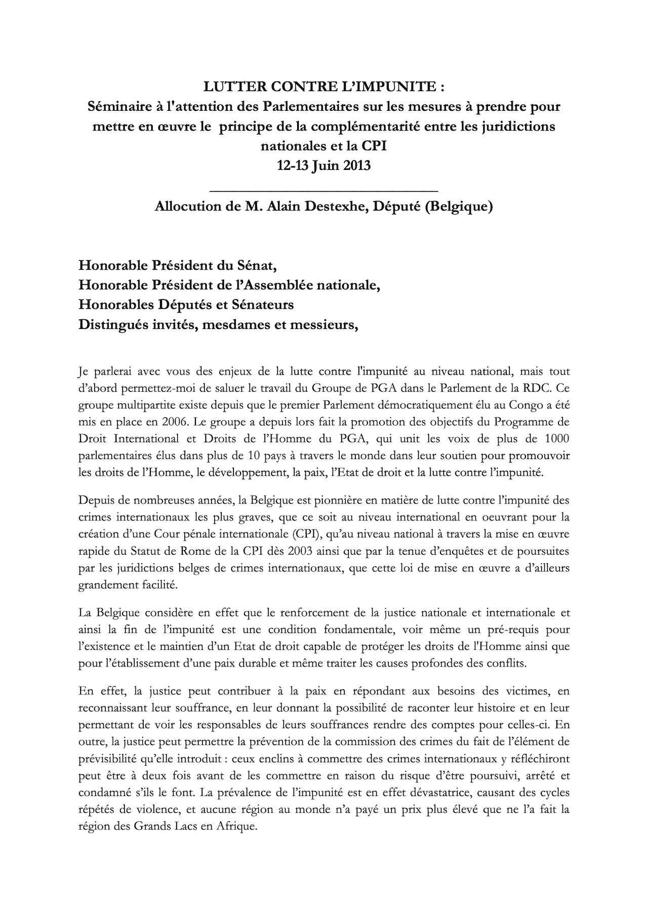 Allocution de M. Alain Destexhe, Député (Belgique)