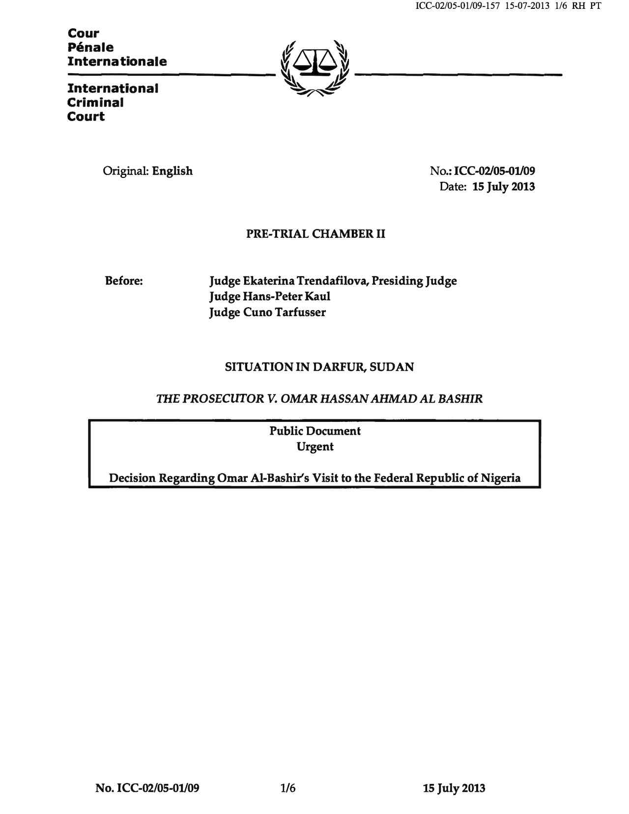 ICC Decision Regarding Omar Al-Bashir's Visit to the Federal Republic of Nigeria