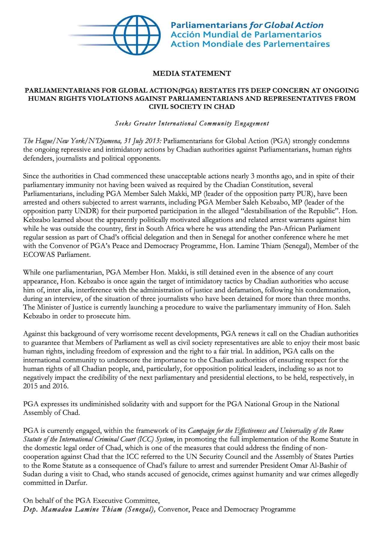 PGA Statement on Human Rights Violations against Chadian PGA Members