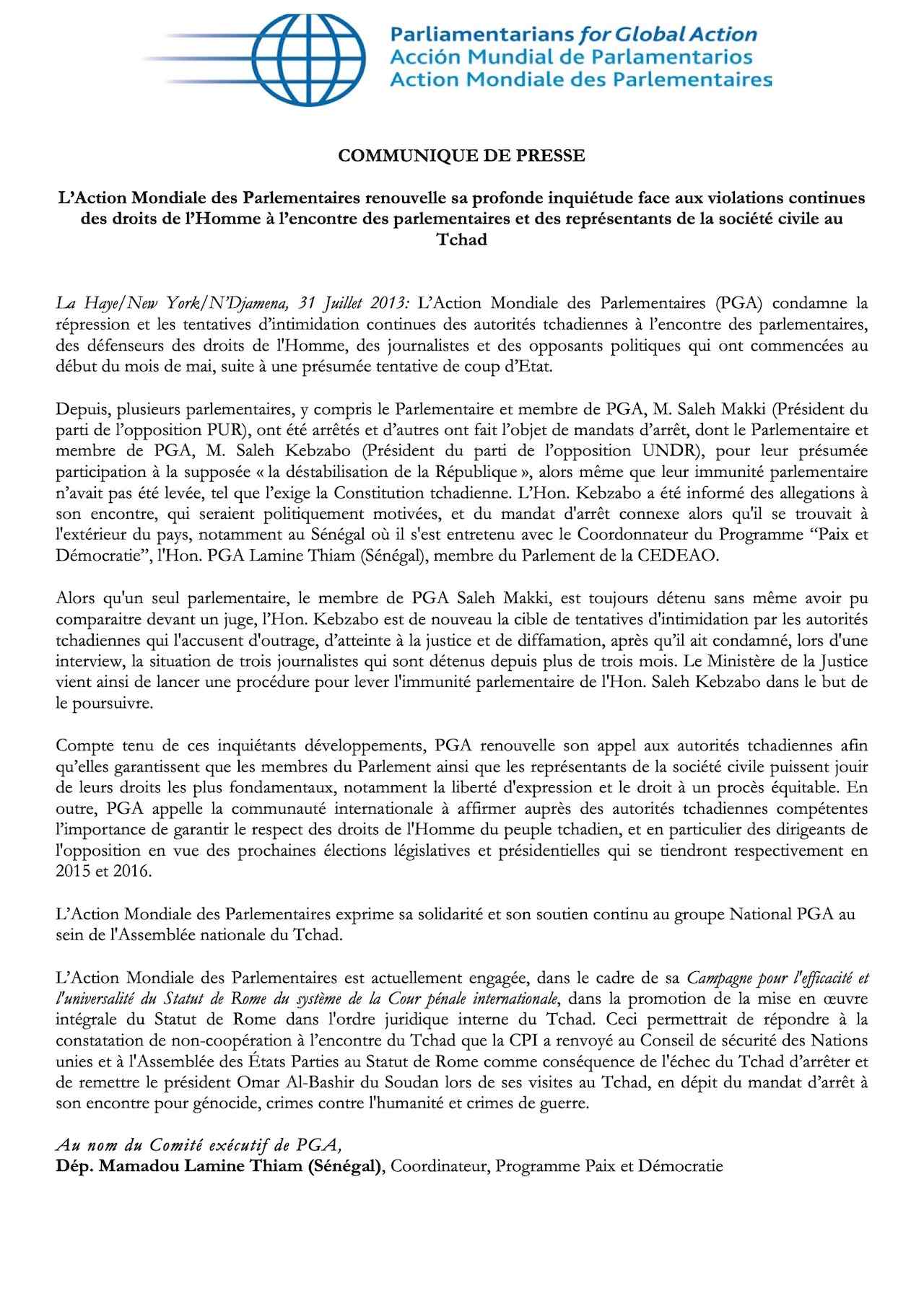 L’Action Mondiale des Parlementaires renouvelle sa profonde inquiétude face aux violations continues des droits de l’Homme à l’encontre des parlementaires et des représentants de la société civile au Tchad
