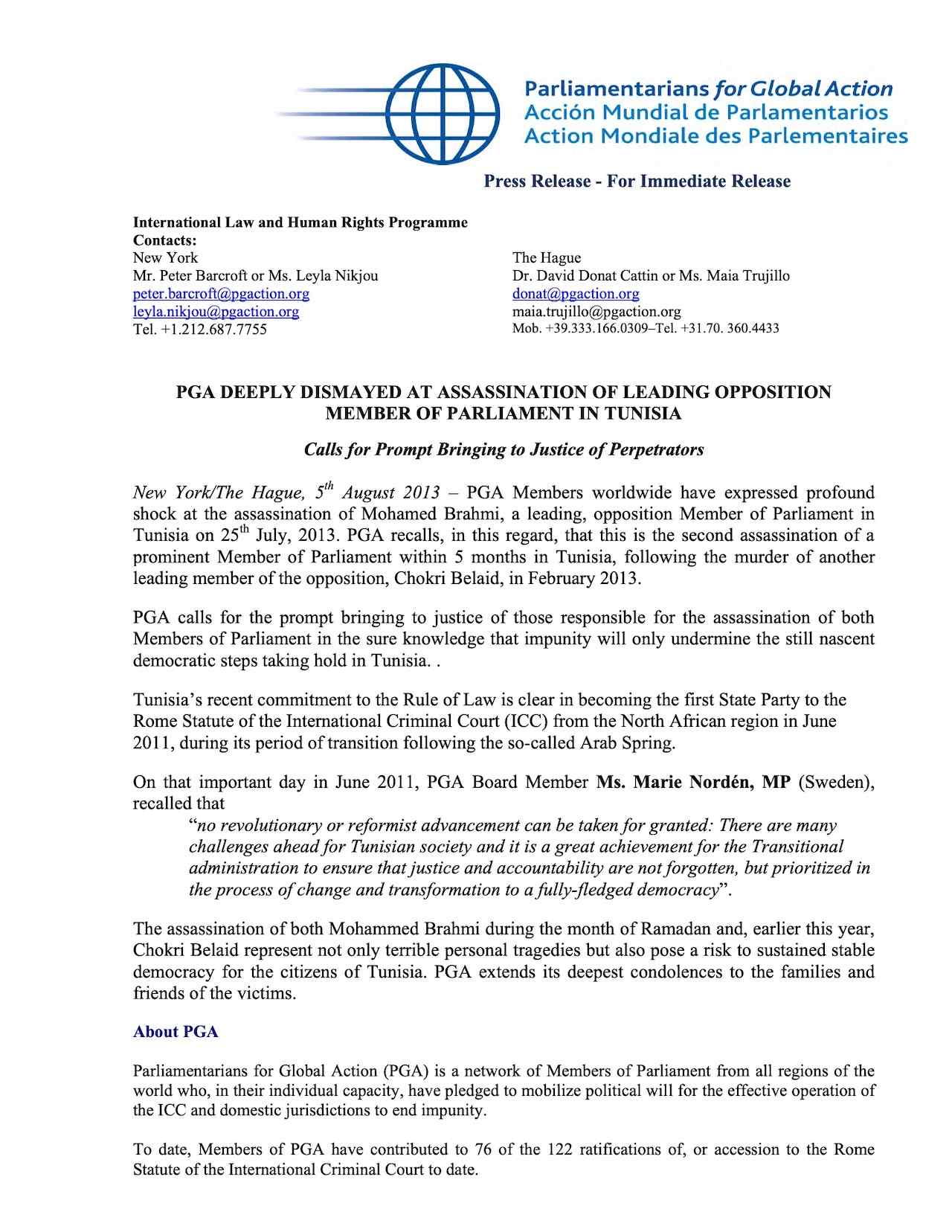 PGA Deeply Dismayed At Assassination Of Leading Opposition Member Of Parliament In Tunisia