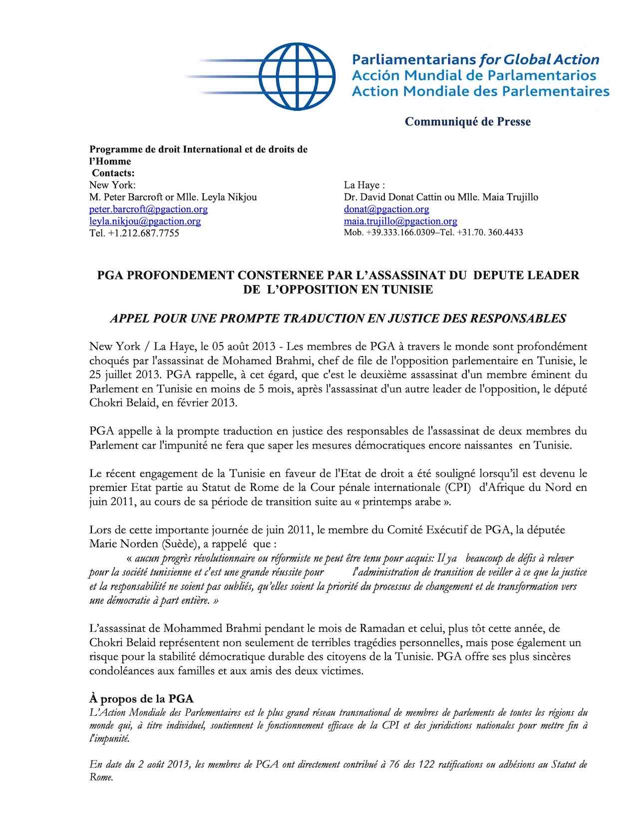 PGA Profondement Consternee Par L’assassinat Du Depute Leader De L’opposition En Tunisie