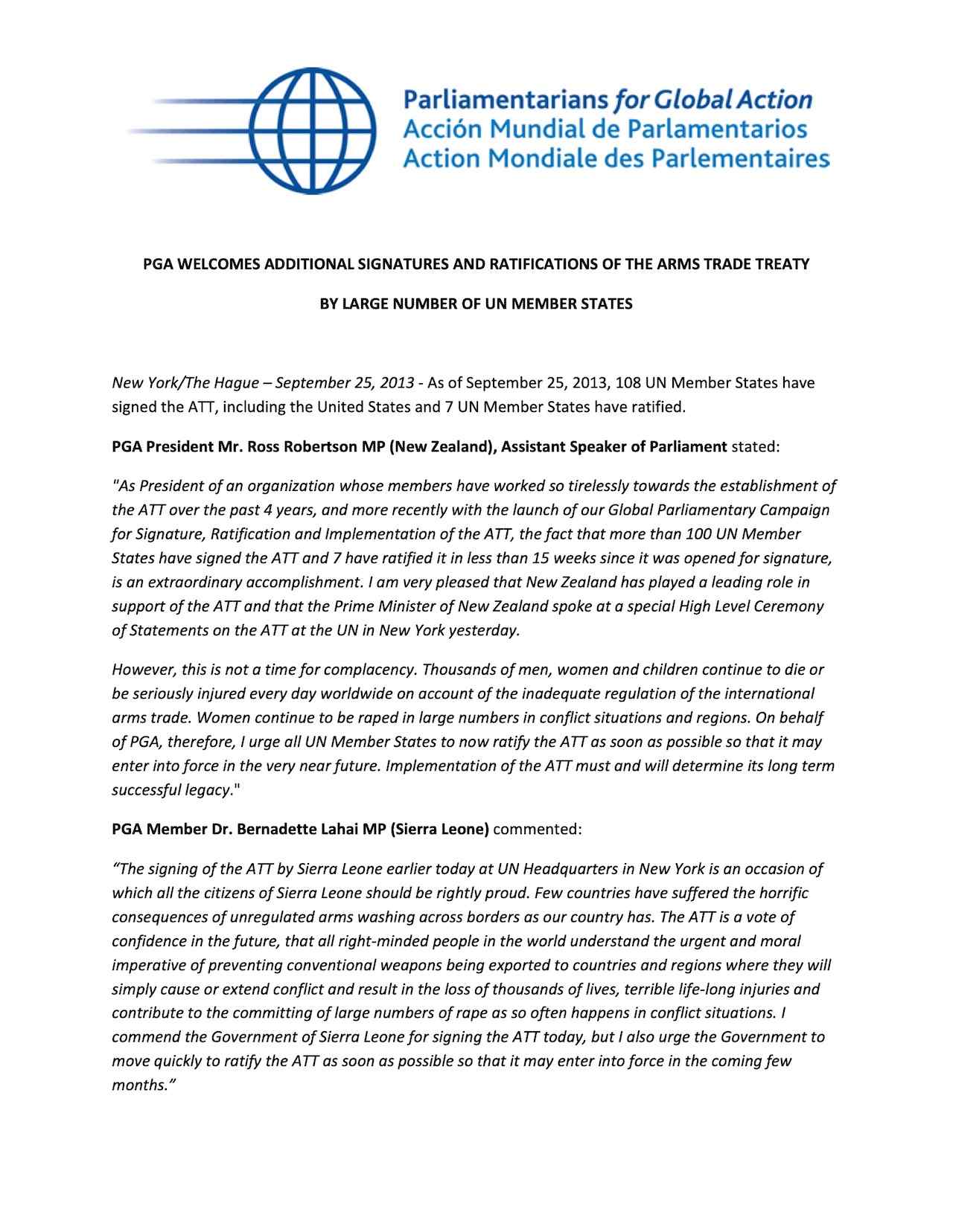 PGA Welcomes Additional Signatures and Ratifications of the Arms Trade Treaty by Large Number of UN Member States