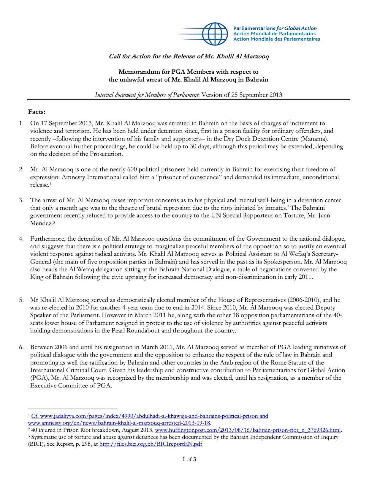 Call for Action for the Release of Mr. Khalil Al Marzooq