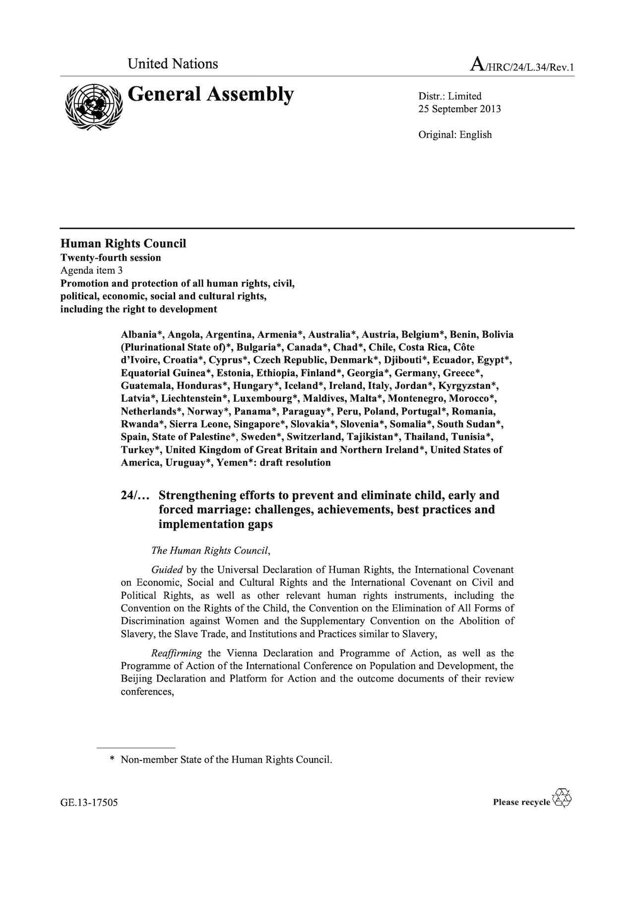 Human Rights Council Resolution on Child, Early and Forced Marriage (Sep. 2013)