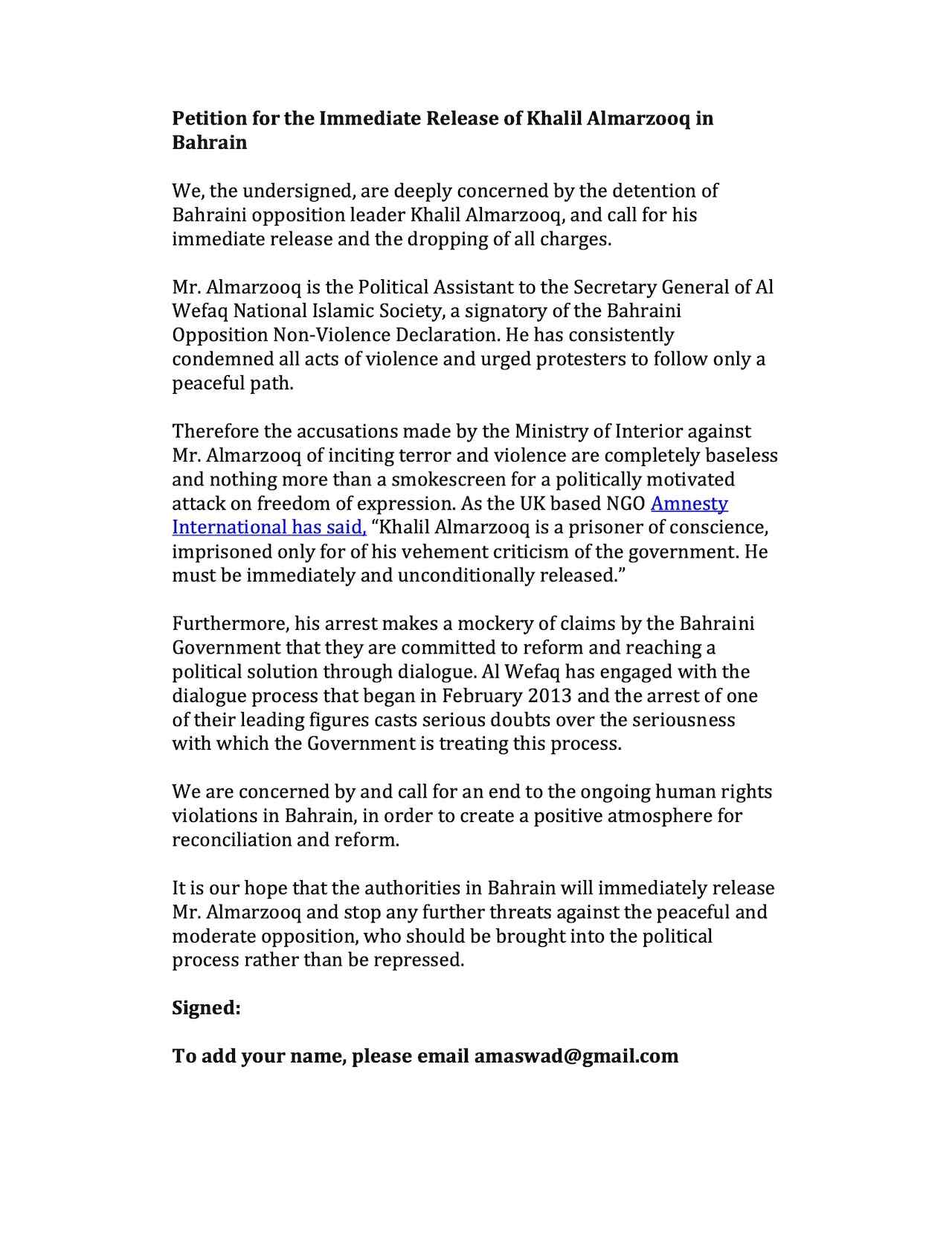 Petition for the Immediate Release of Khalil Almarzooq in Bahrain