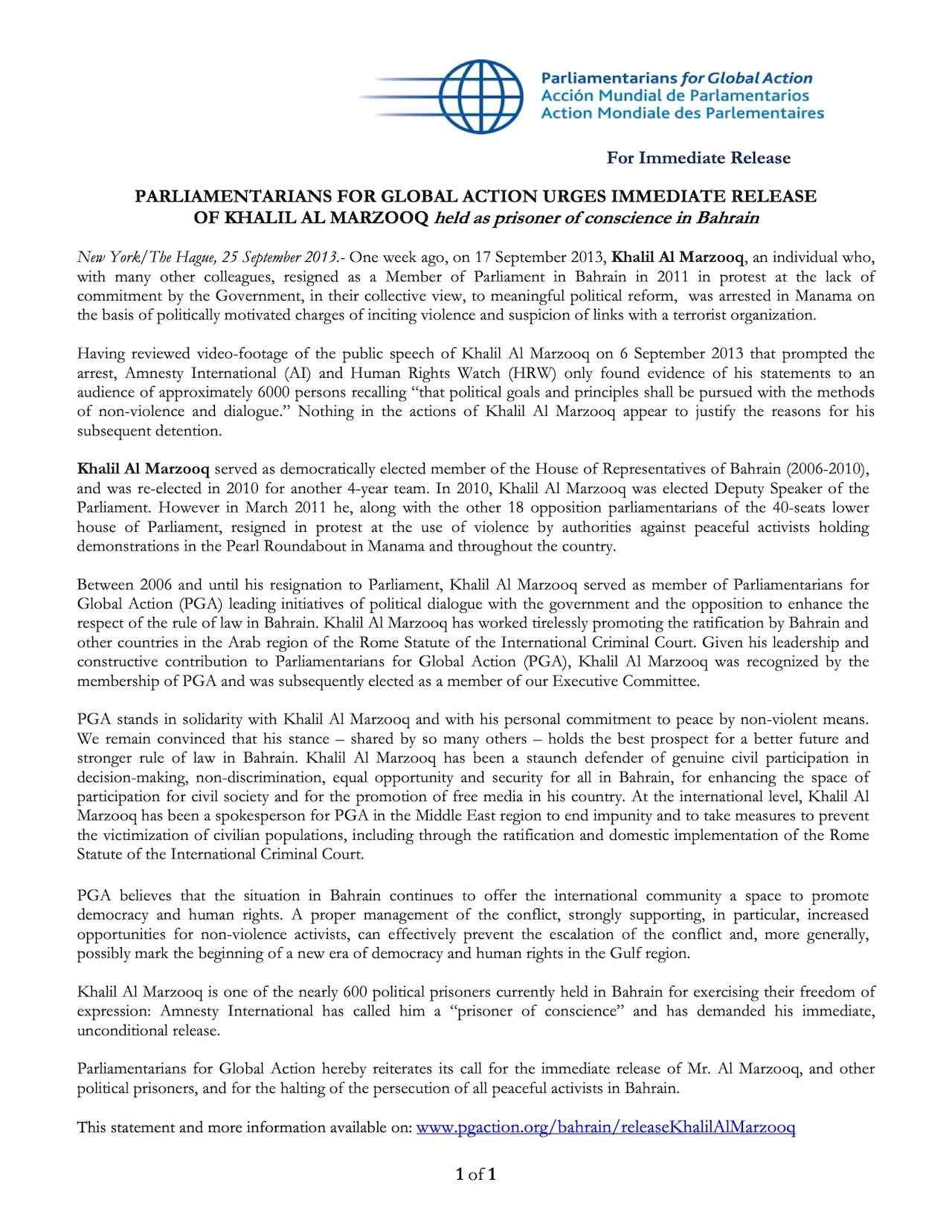 PGA Urges Immediate Release of Khalil Al Marzooq, held as prisoner of conscience in Bahrain