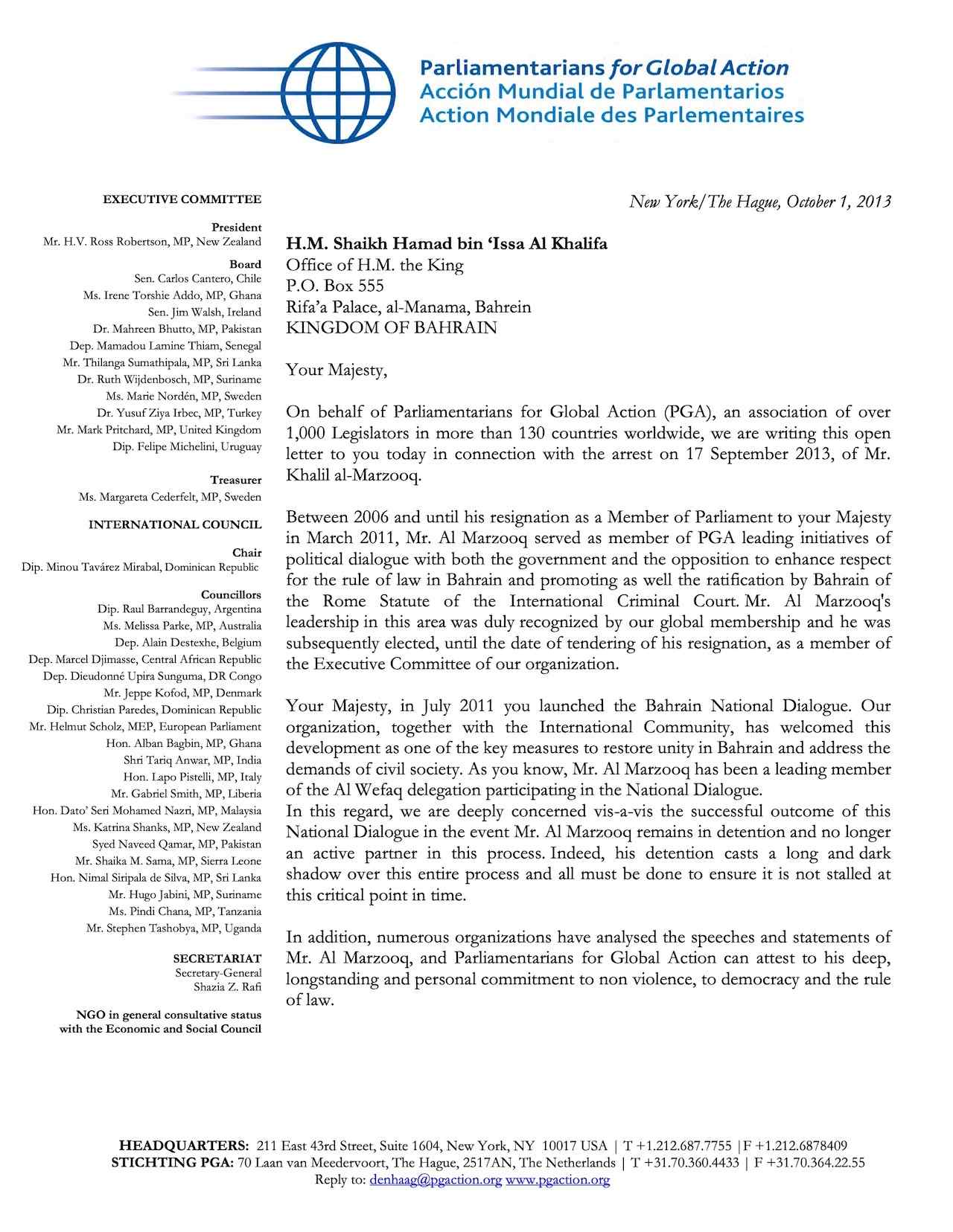 Letter of PGA to H.M. Shaikh Hamad bin ‘Issa Al Khalifa