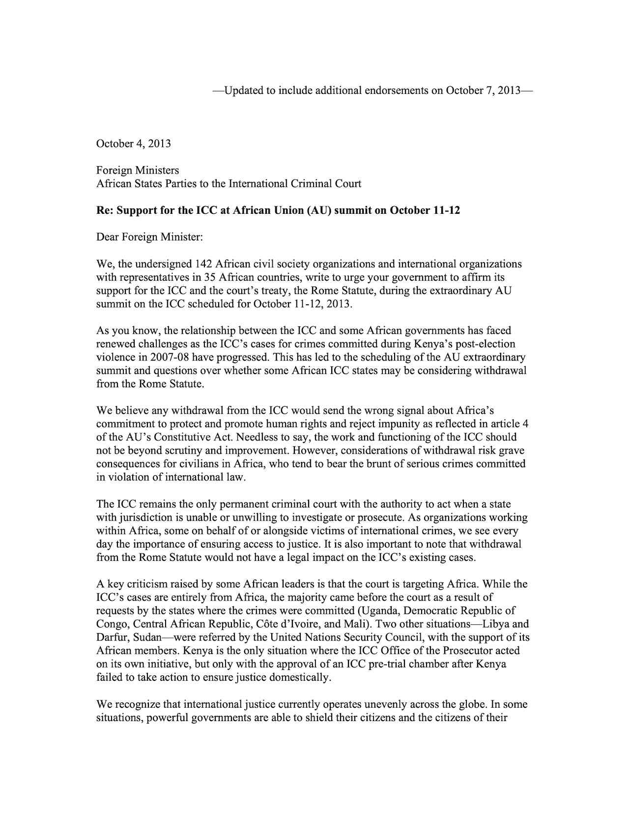 Support for the ICC at African Union (AU) summit in October 2013