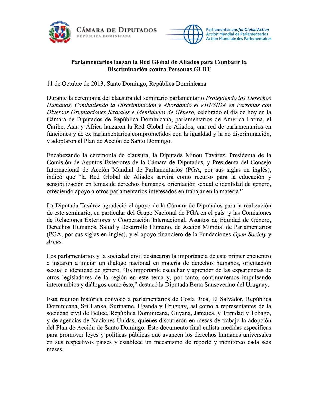 Parlamentarios lanzan la Red Global de Aliados para Combatir la Discriminación contra Personas GLBT