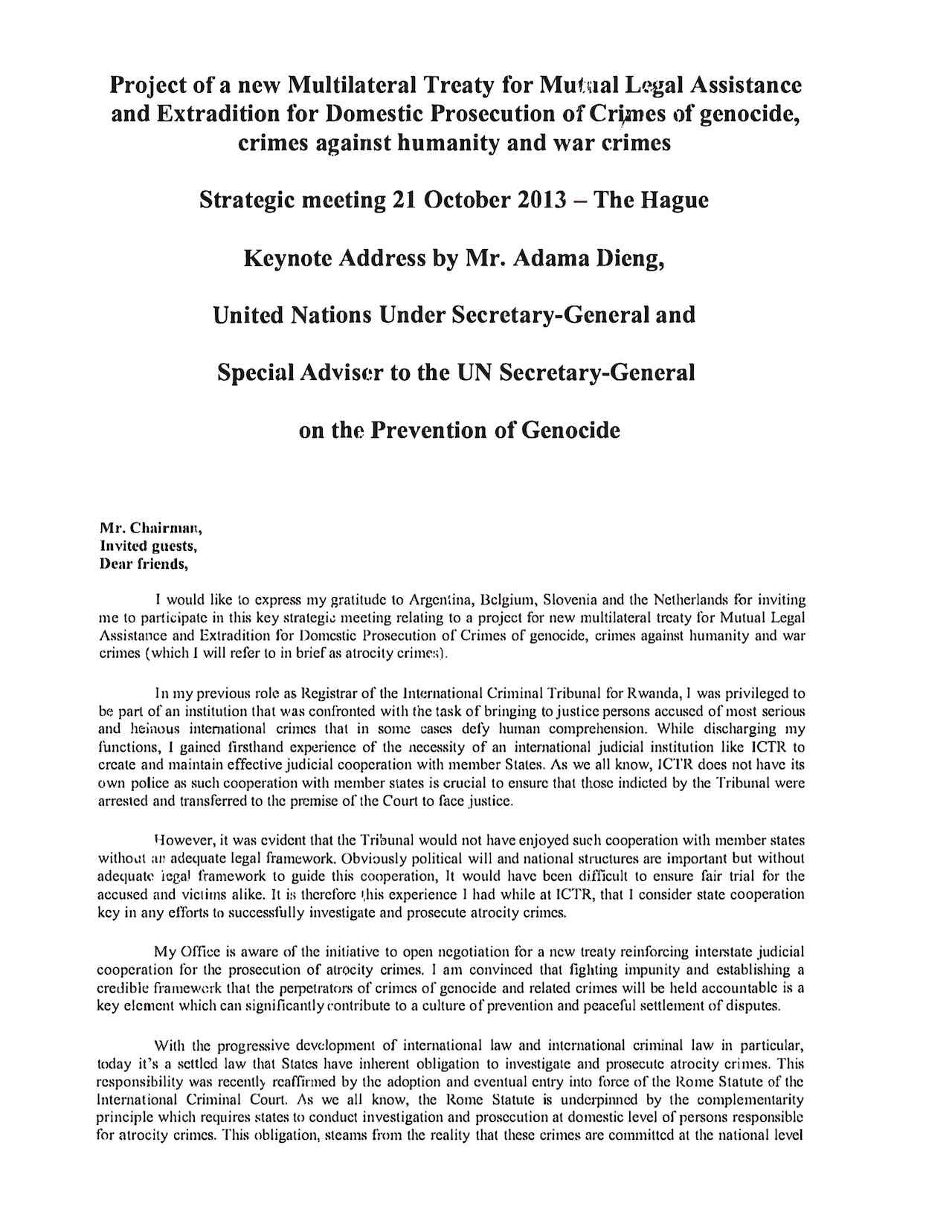 Keynote Address by Mr. Adama Dieng