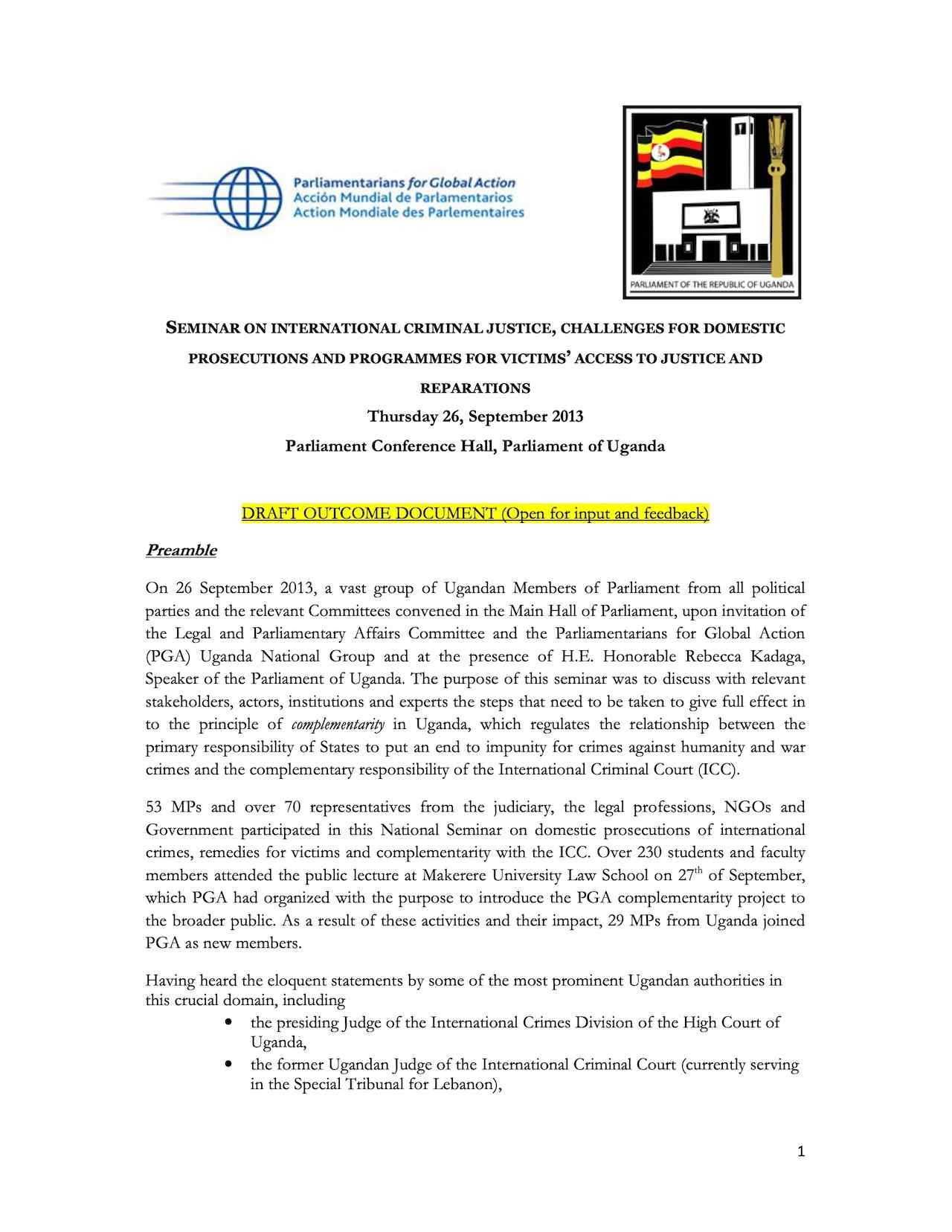 Outcome Document of PGA Kampala Seminar on Complementarity