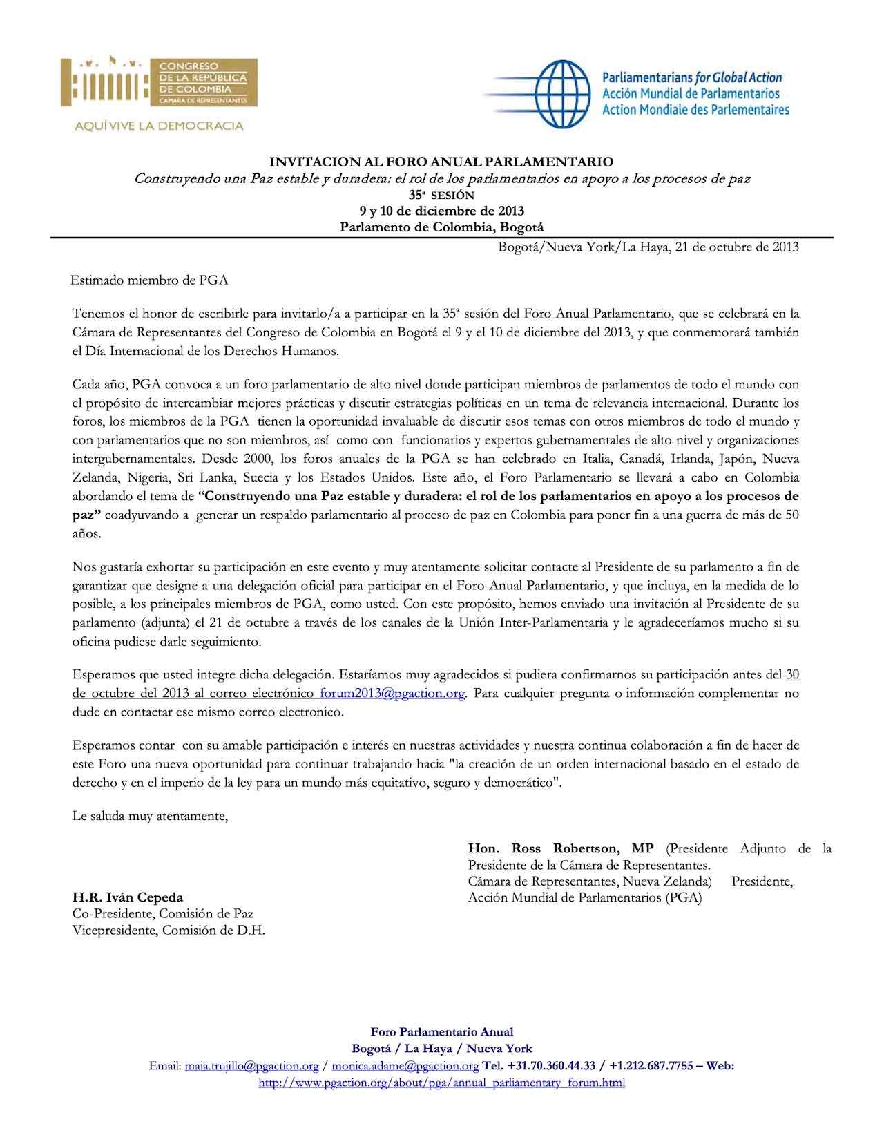 Invitacion Al Foro Anual Parlamentario (Oct. 2013)