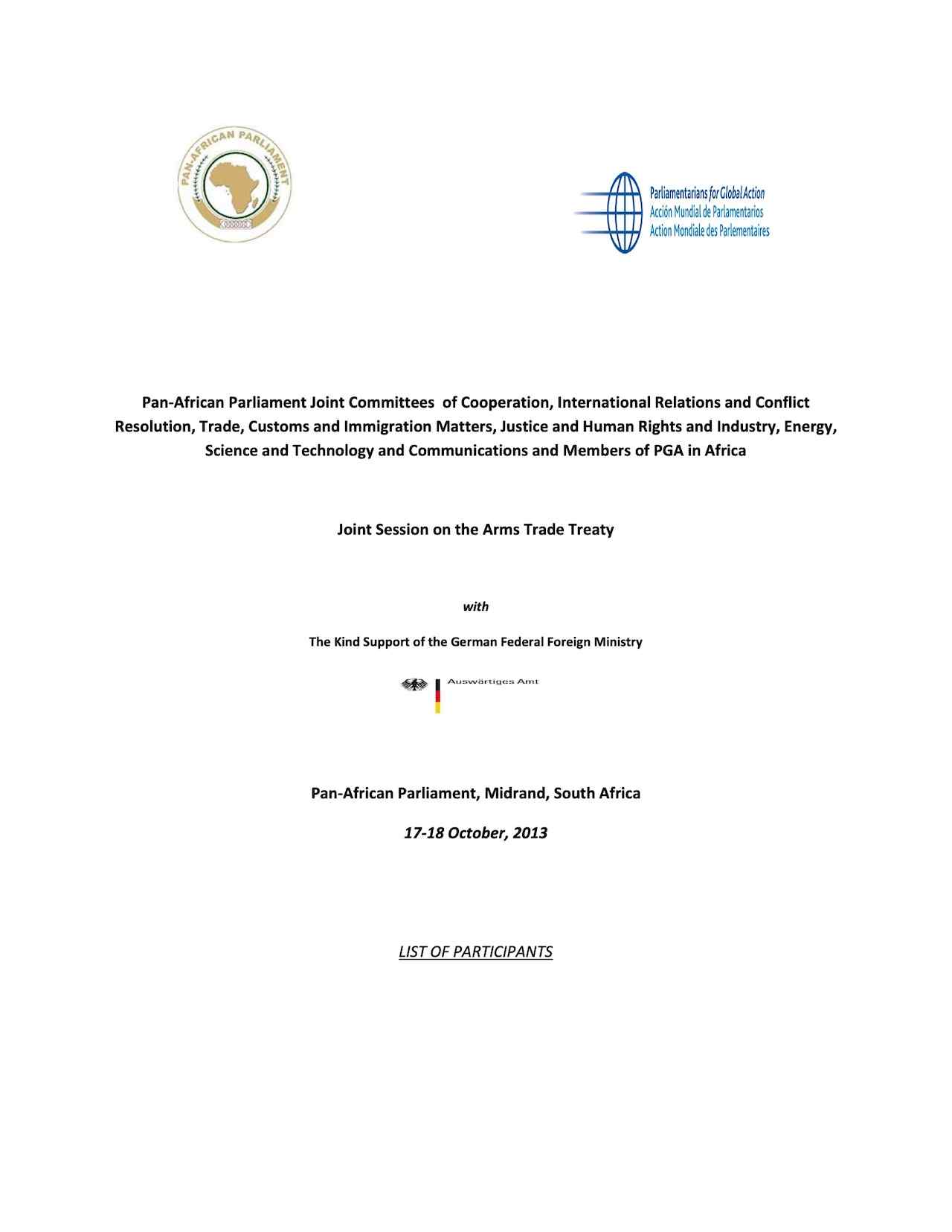 List of Participants: Joint Session on the Arms Trade Treaty (Oct. 2013)