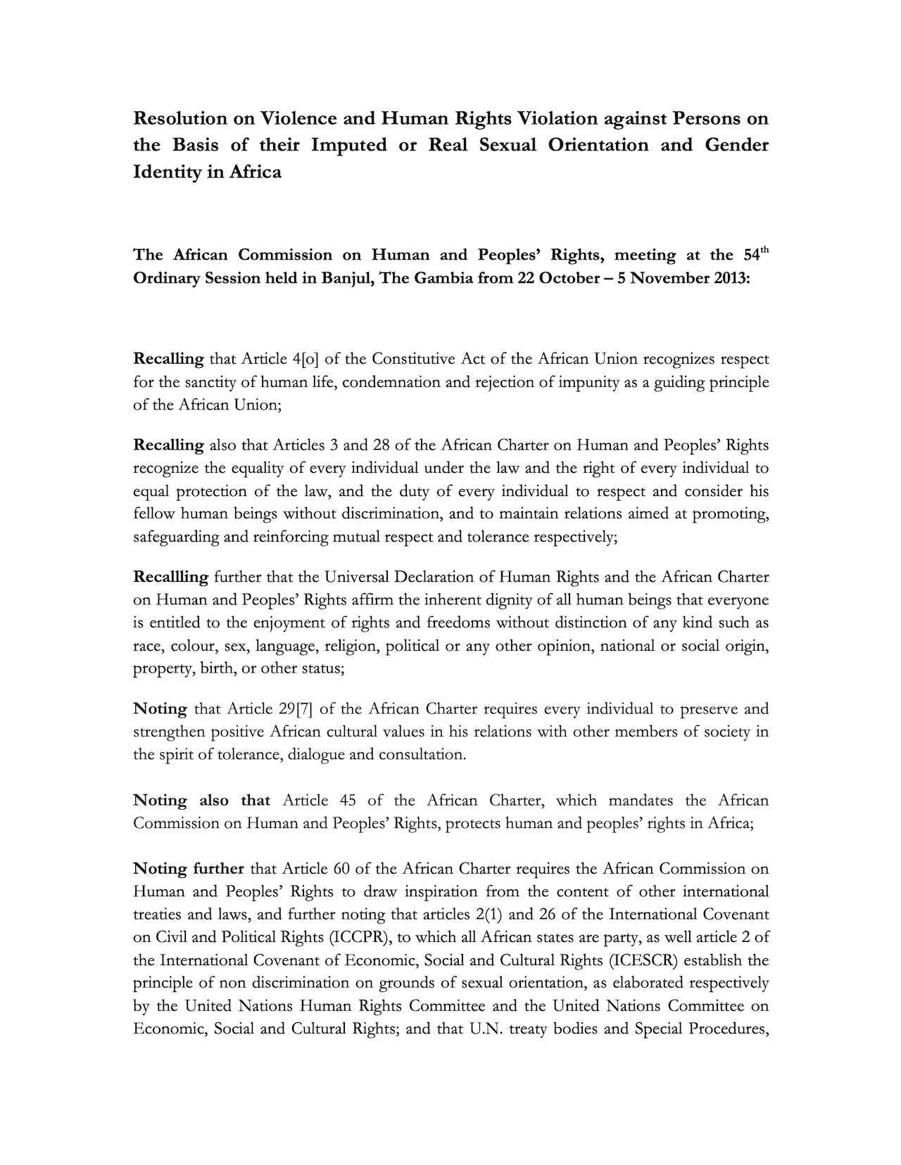 Resolution on Violence and Human Rights Violation against Persons on the Basis of their Imputed or Real Sexual Orientation and Gender Identity in Africa