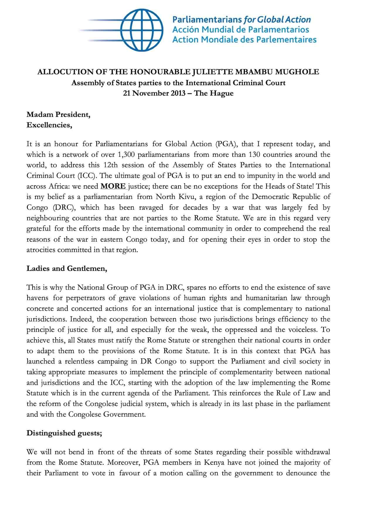 Speech by Juliette Mbambu Mughole (Nov. 2013)