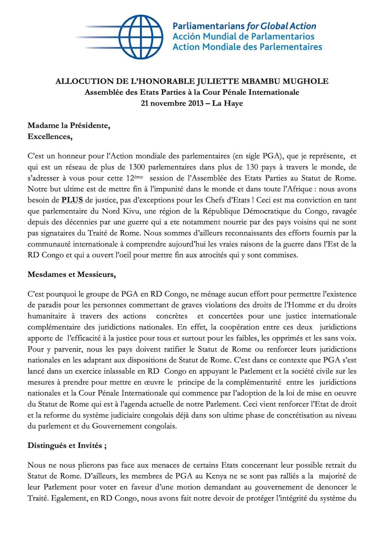 Allocution De L’Honorable Juliette Mbambu Mughole
