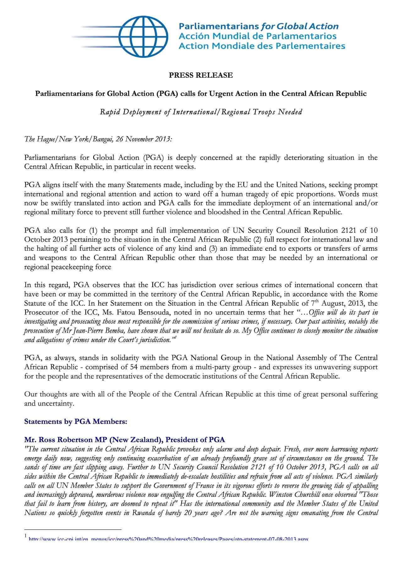 PGA calls for Urgent Action in the Central African Republic (Nov. 2013)