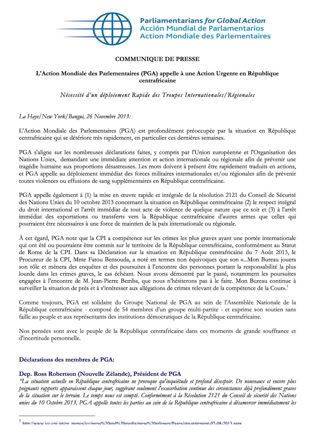 PGA appelle à une Action Urgente en République centrafricaine (Nov. 2013)