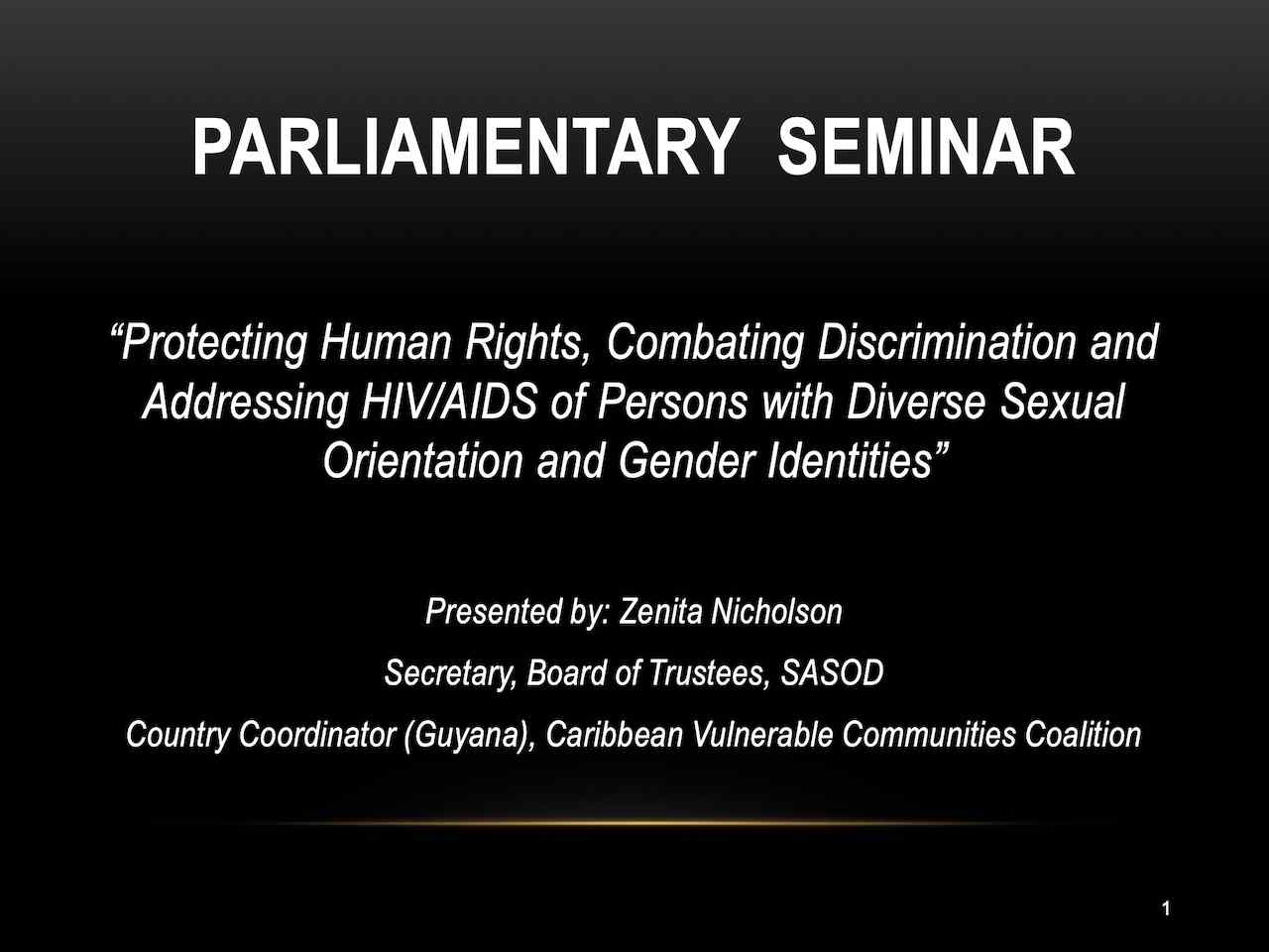 Presentation by Zenita Nicholson: Protecting Human Rights, Combatting Discrimination and Addressing HIV/AIDS of Persons with Diverse Sexual Orientation and Gender Identities