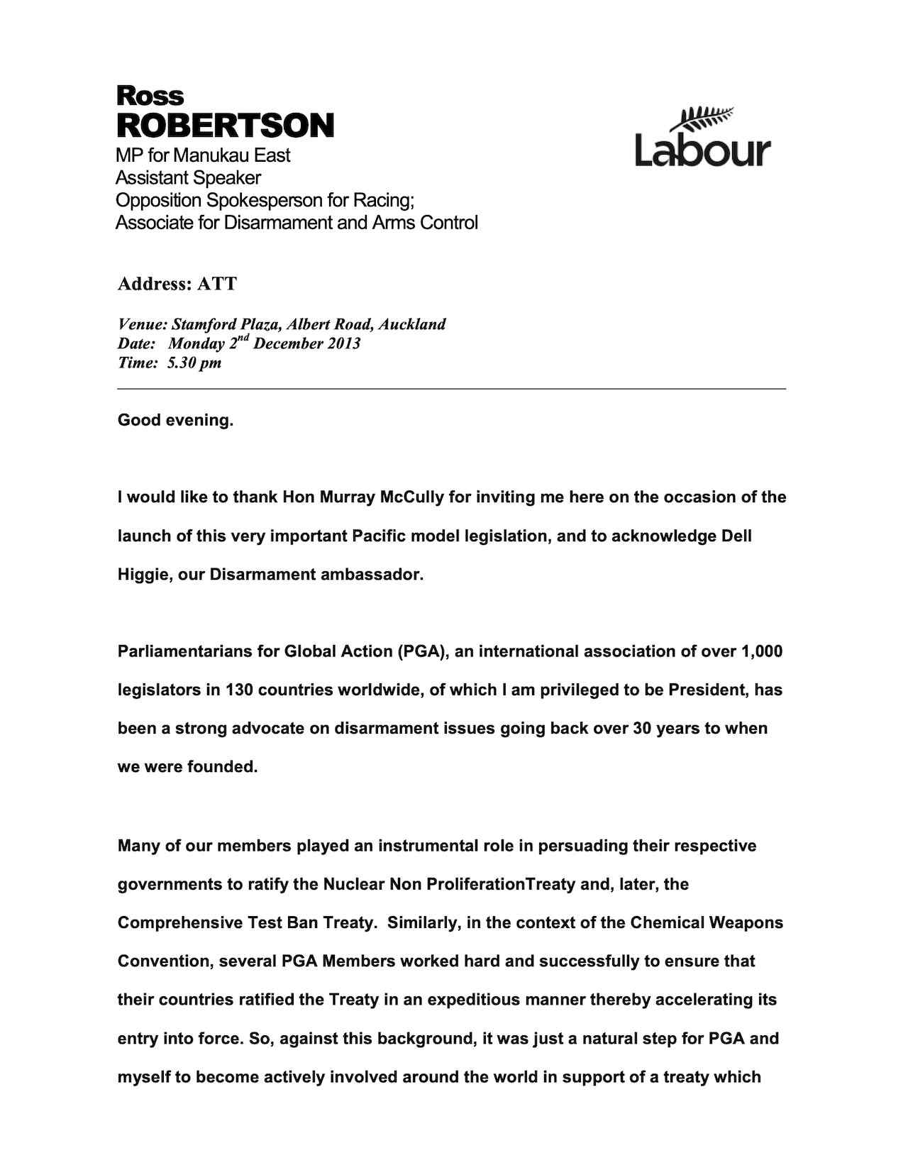 Speech by Ross Robertson (Dec. 2013)