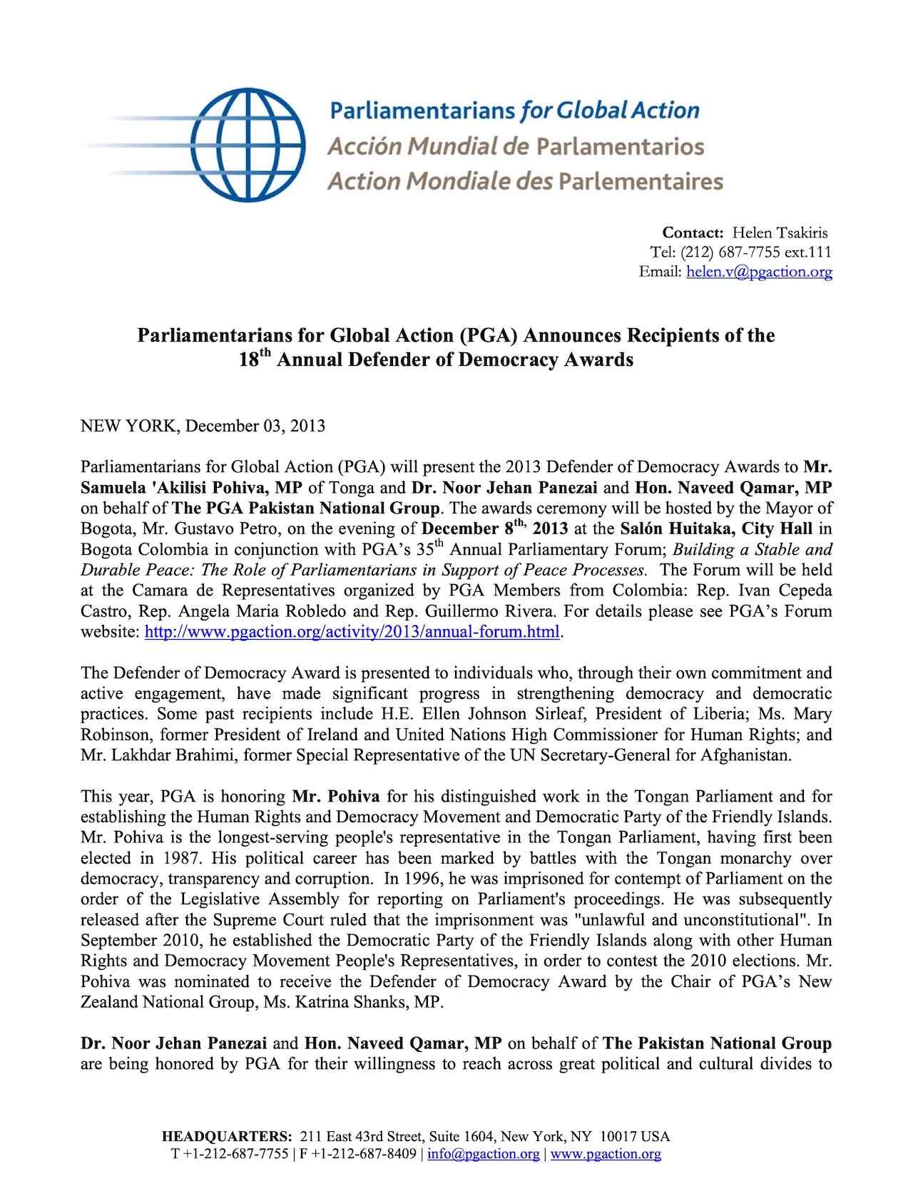 PGA Announces Recipients of 18th Defender of Democracy Awards