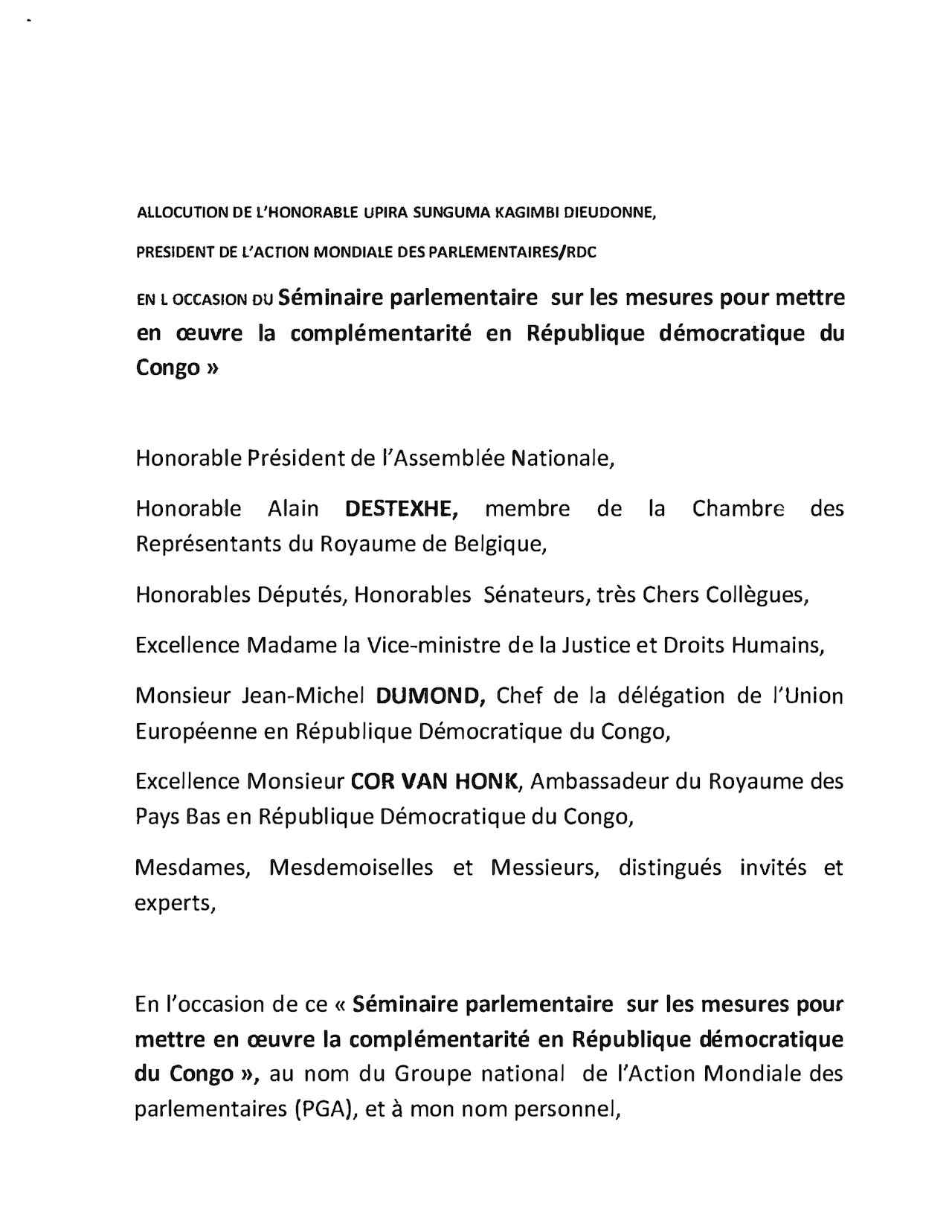 Allocution De L'Honorable Upira Sunguma Kagimbi Dieudonne