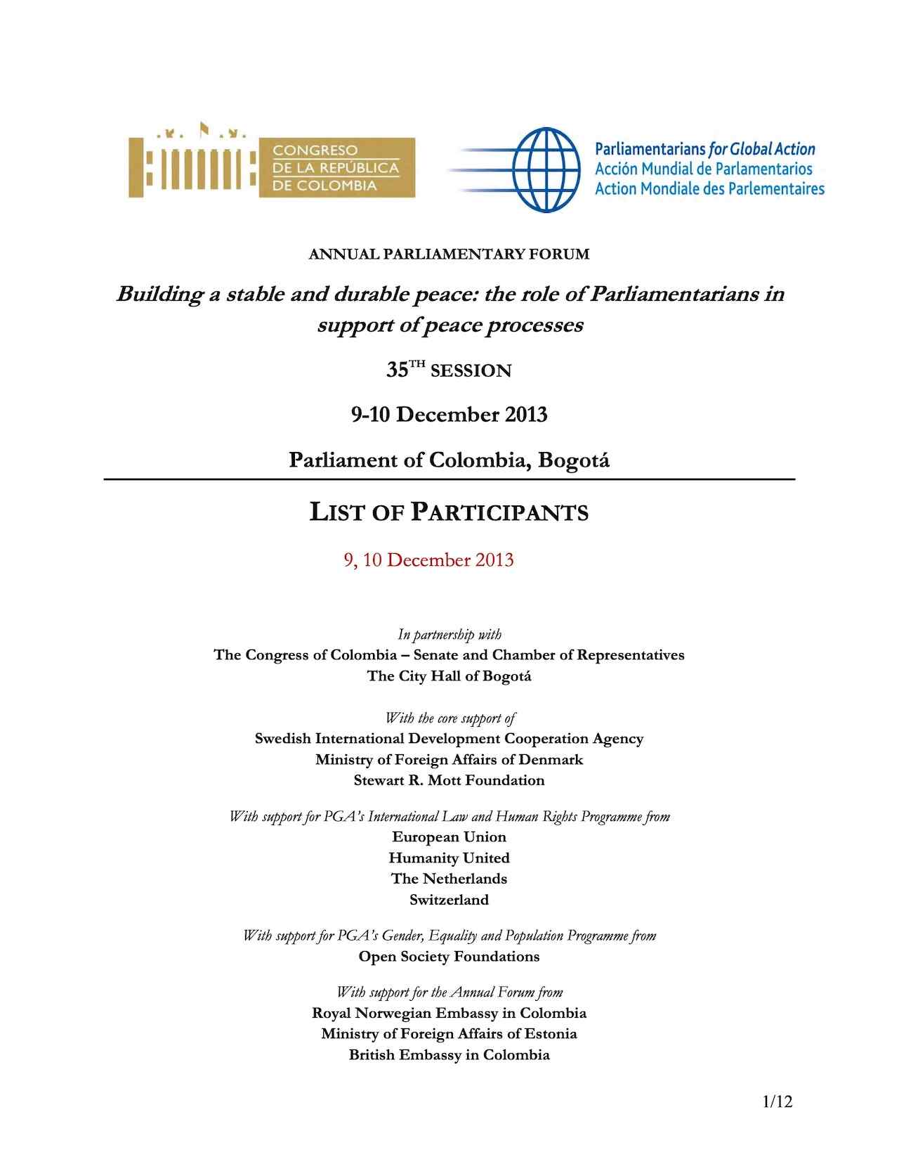 List of Participants: 35th Annual Parliamentary Forum (Dec. 2013)