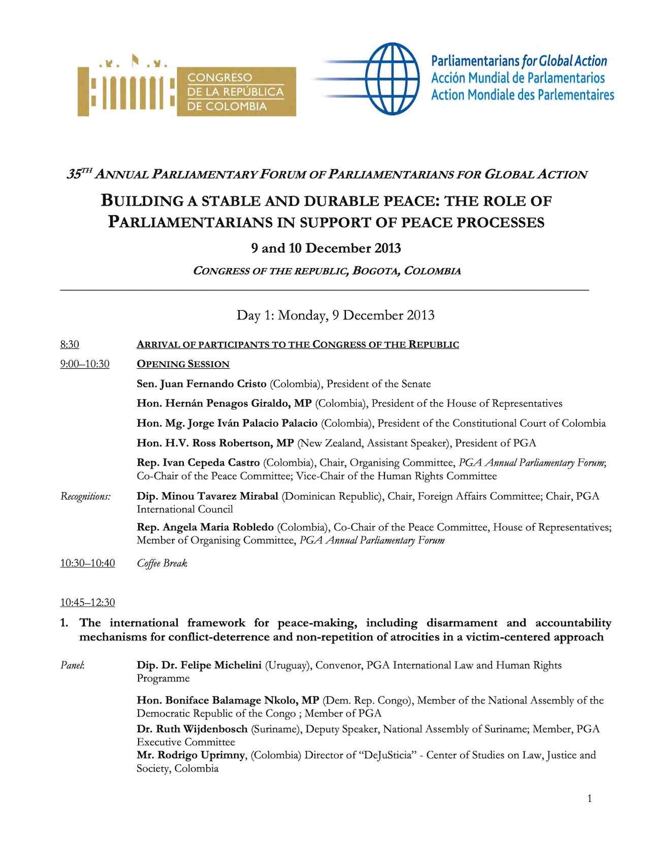 Agenda: PGA's 35th Annual Parliamentary forum, Colombia