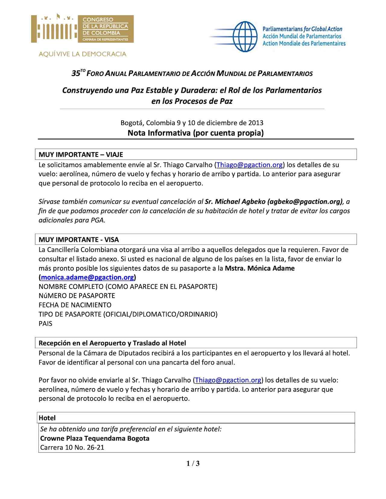 Nota Informativa - 35TO FORO ANUAL PARLAMENTARIO DE ACCIÓN MUNDIAL DE PARLAMENTARIOS