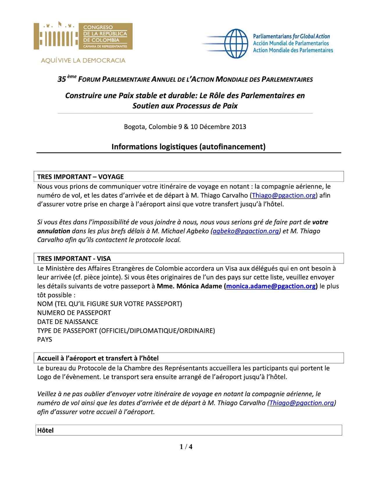 Informations logistiques (autofinancement) - 35 ème FORUM PARLEMENTAIRE ANNUEL DE L’ACTION MONDIALE DES PARLEMENTAIRES
