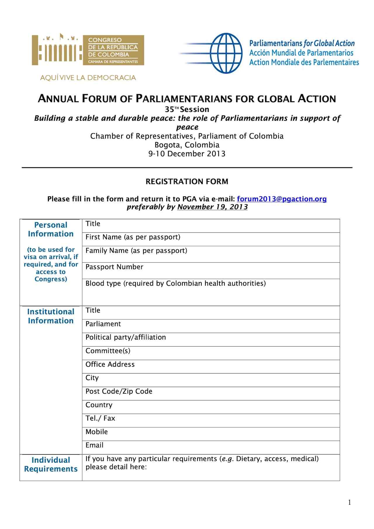 Registration Form - ANNUAL FORUM OF PARLIAMENTARIANS FOR GLOBAL ACTION