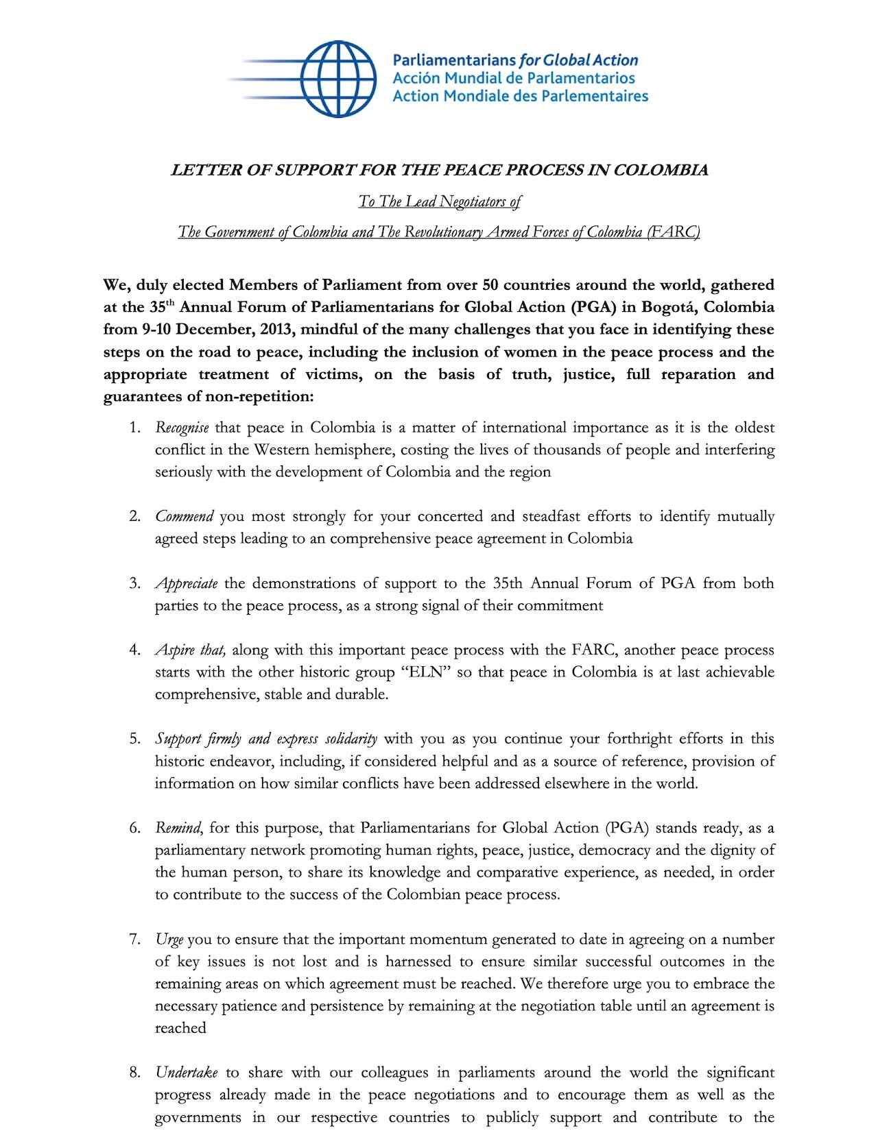 Letter Of Support For The Peace Process In Colombia