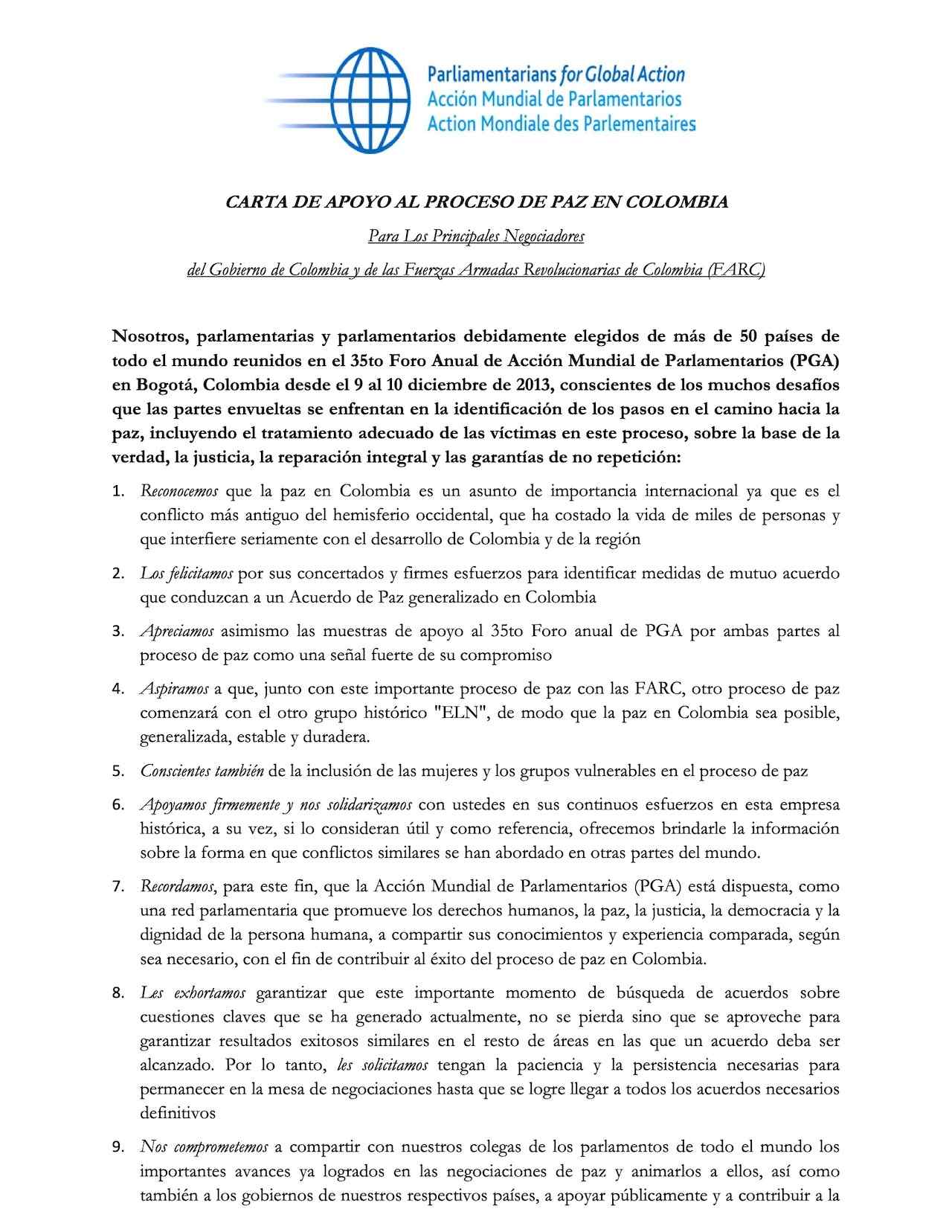 Carta De Apoyo Al Proceso De Paz En Colombia